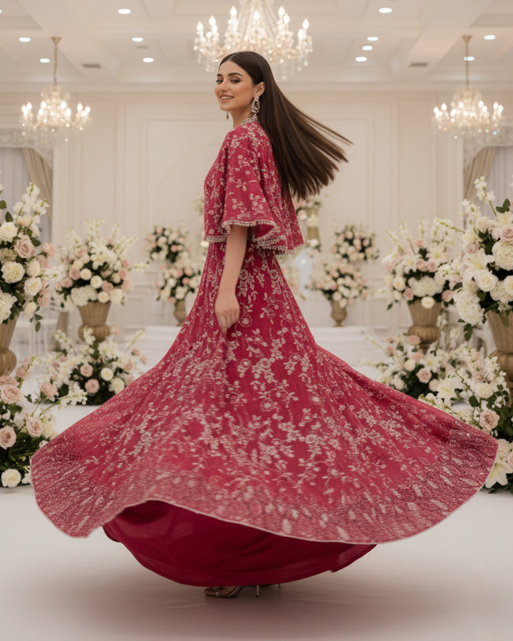 Ruby Rosette Cape Lehenga