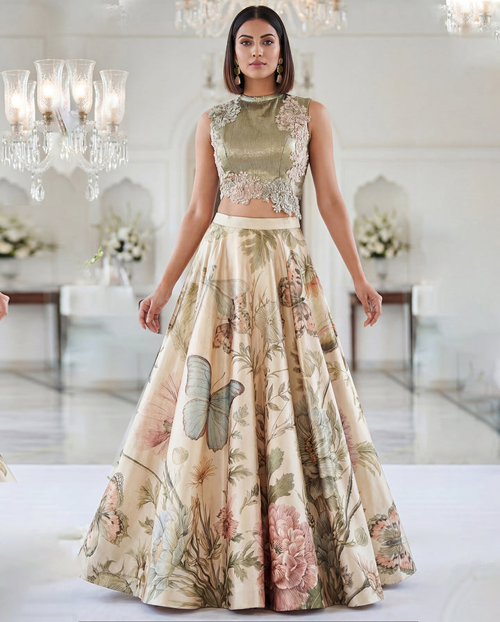 Unstitched Embroidered Blouse With Printed Skirt