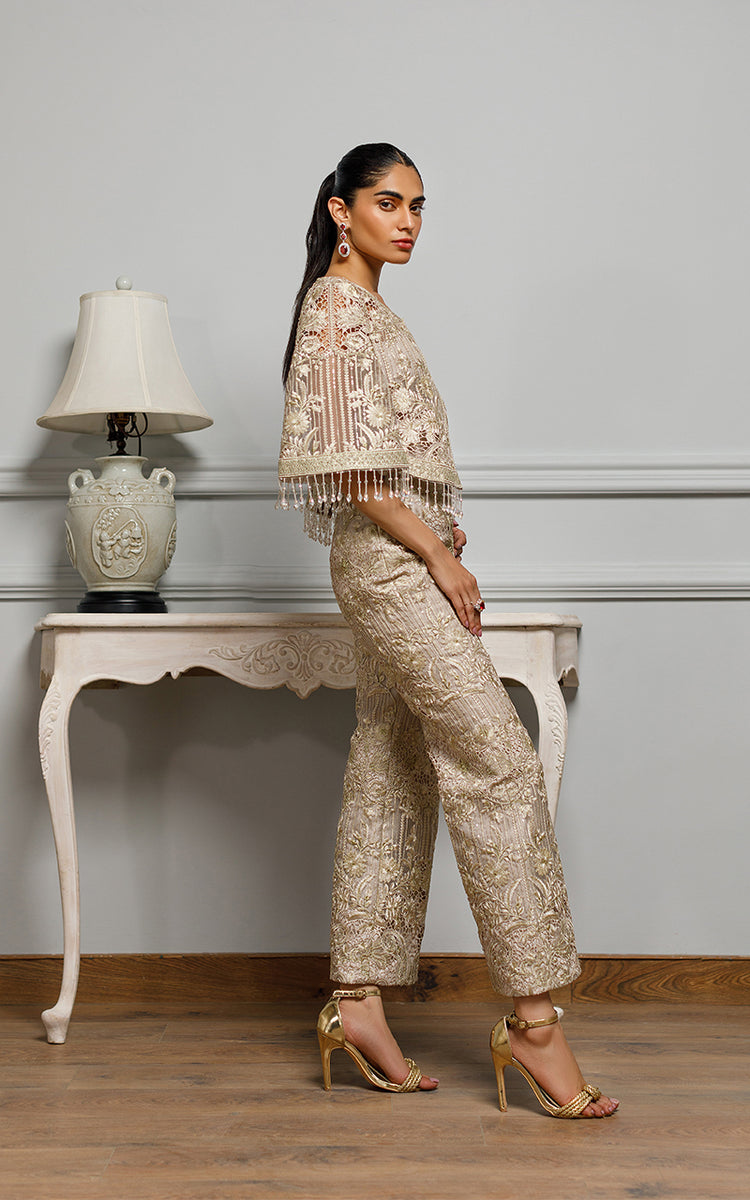 Textured Knit organza top embroidered with raw linen cords main image 0