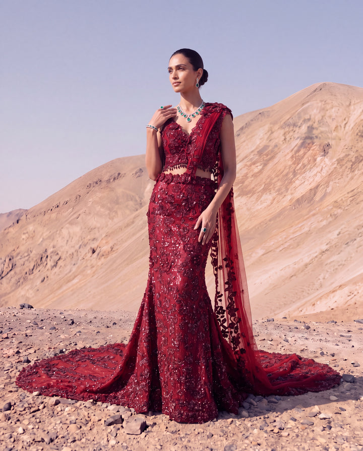Deep Ruby Floral Embroidered Skirt Saree