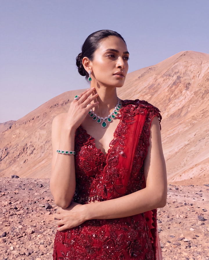 Deep Ruby Floral Embroidered Skirt Saree