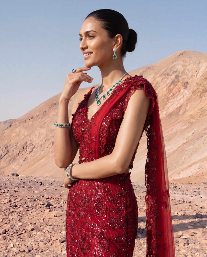Deep Ruby Floral Embroidered Skirt Saree