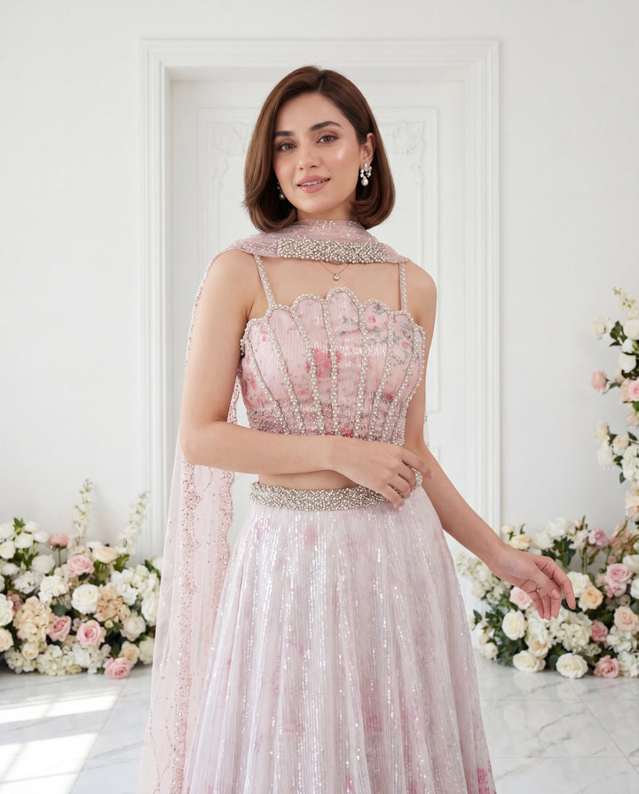 Unstitched Roseate Bloom Lehenga Set