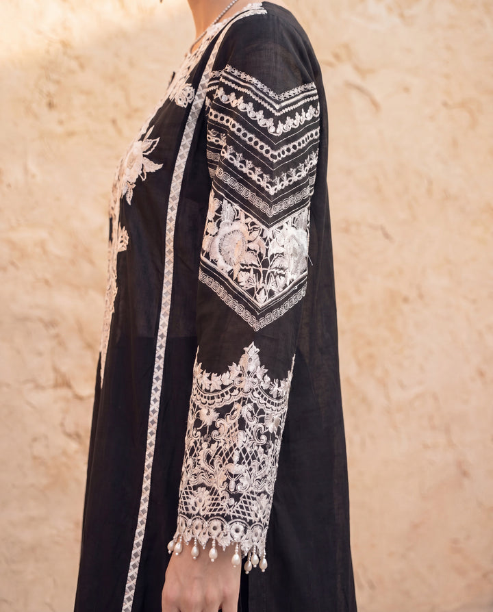 Monochrome embroidered Black Lawn Kurta with Pant and Dupatta
