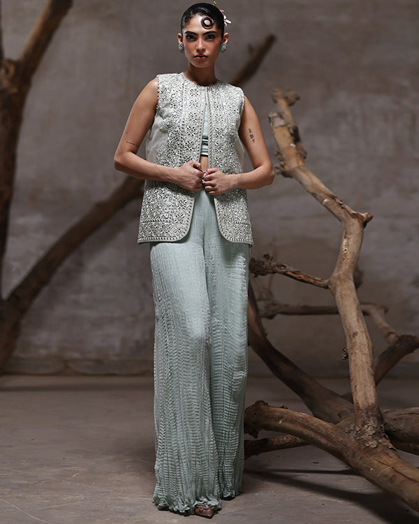 Organza Embroidered Jacket With Crushed Trouser