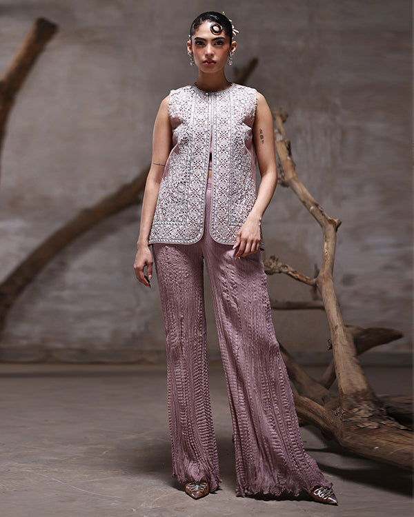 Organza Embroidered Jacket With Crushed Trouser