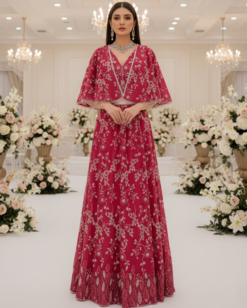 Ruby Rosette Cape Lehenga