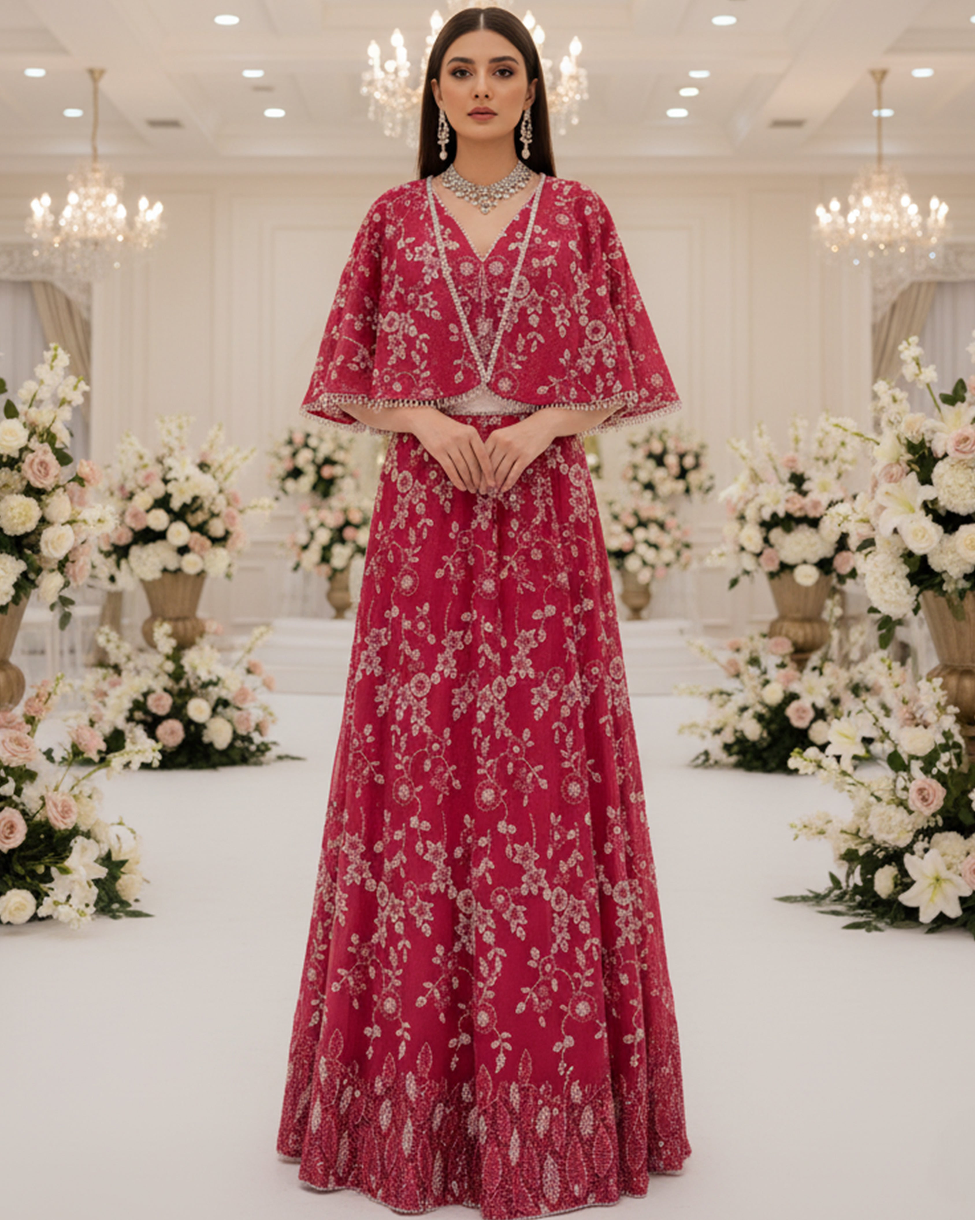 Ruby Rosette Cape Lehenga