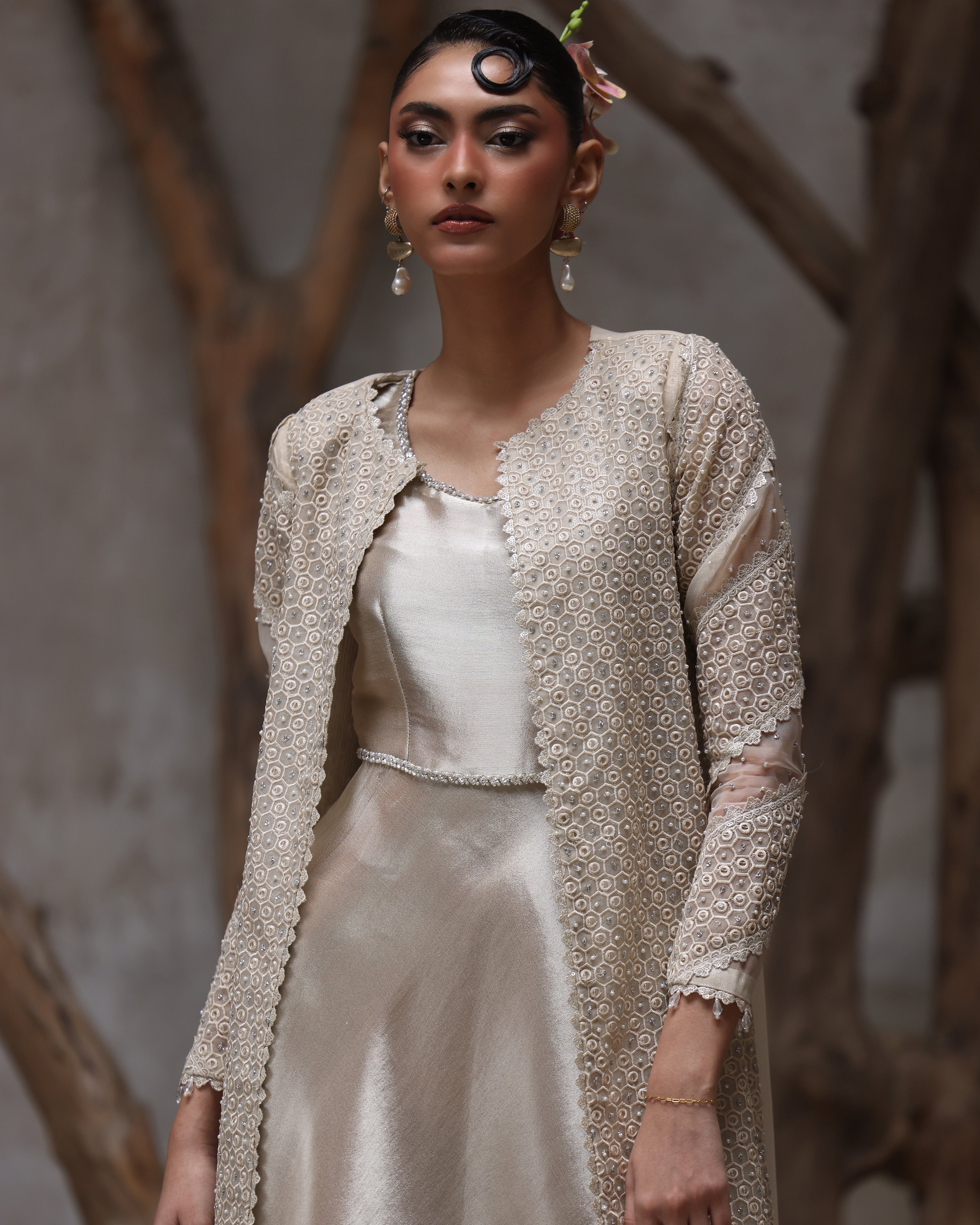 Unstitched Rose Ivory Jacket with Maxi Set