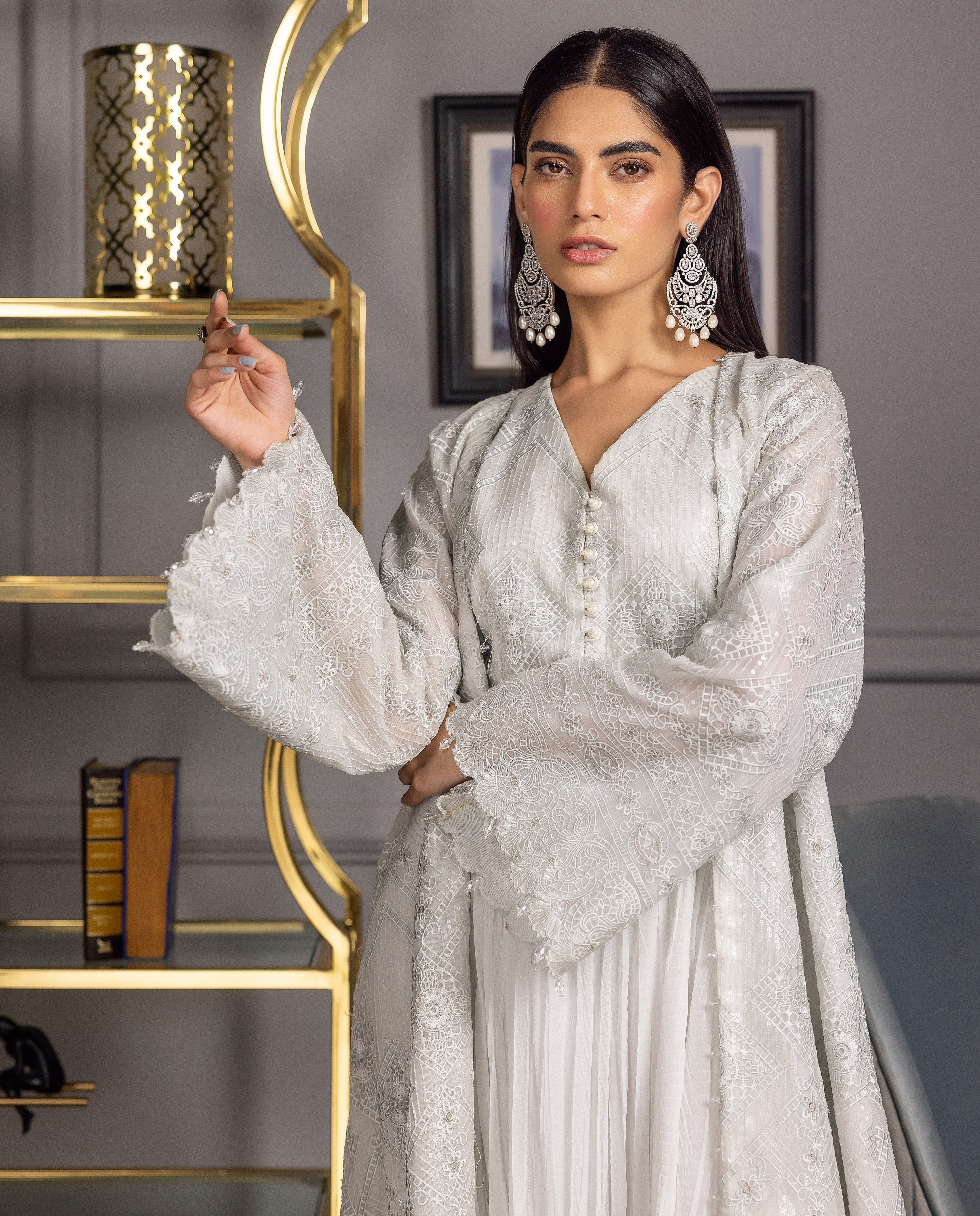 Organza Embroidered Jacket With Maxi
