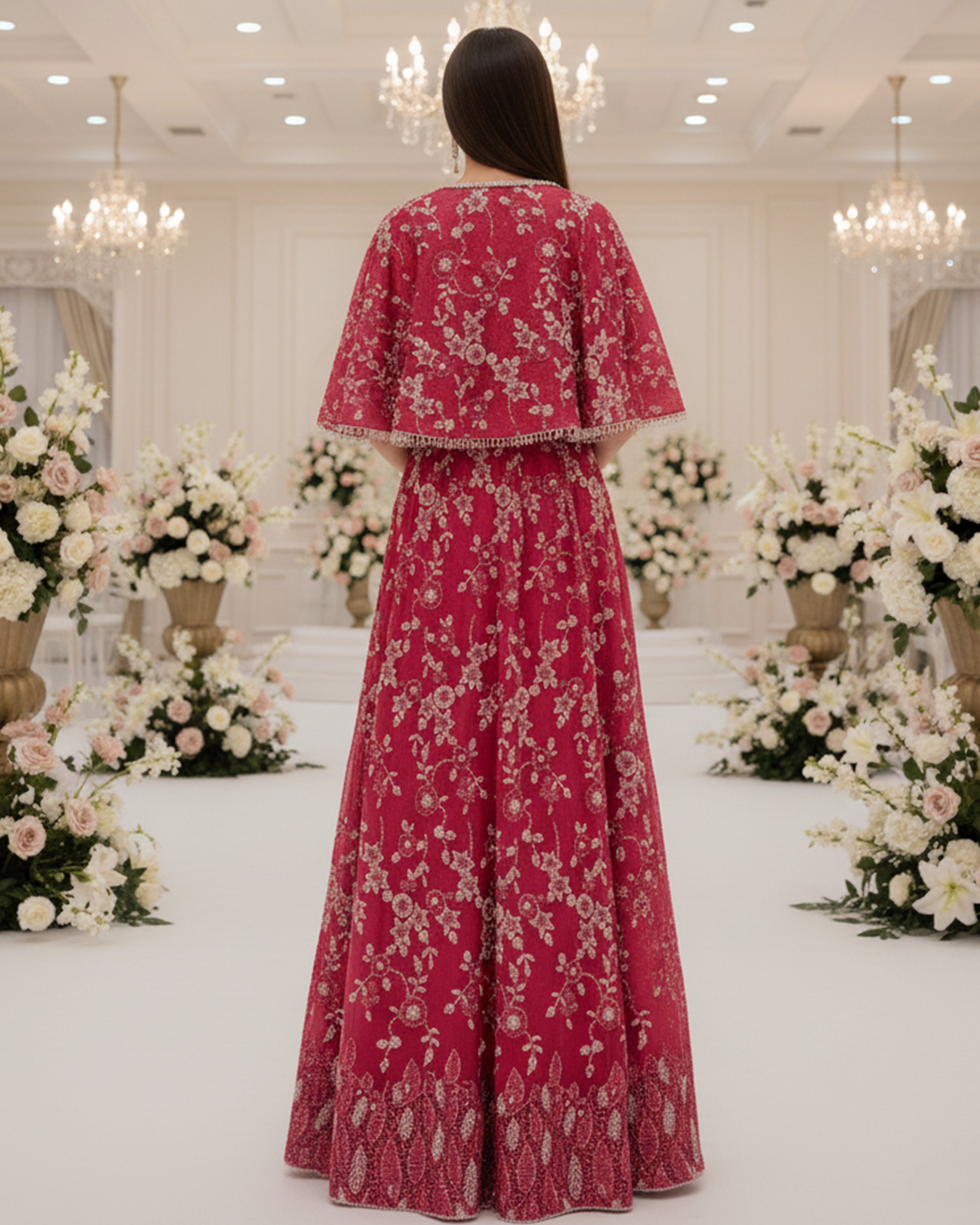 Ruby Rosette Cape Lehenga