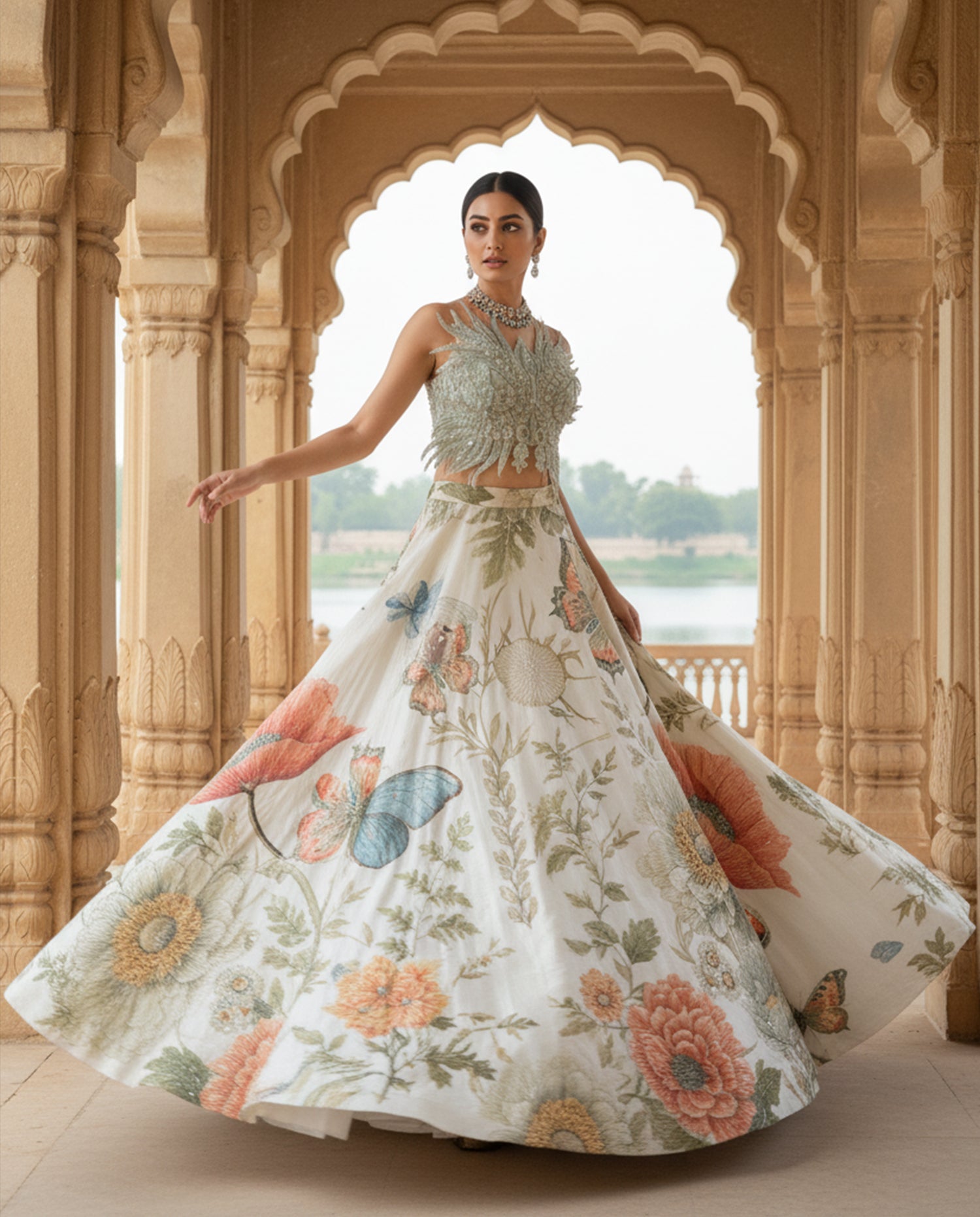 Embroidered Blouse With Embellished Printed Lehenga