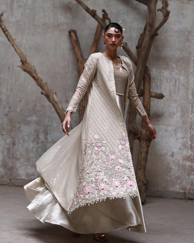 Unstitched Rose Ivory Jacket with Maxi Set