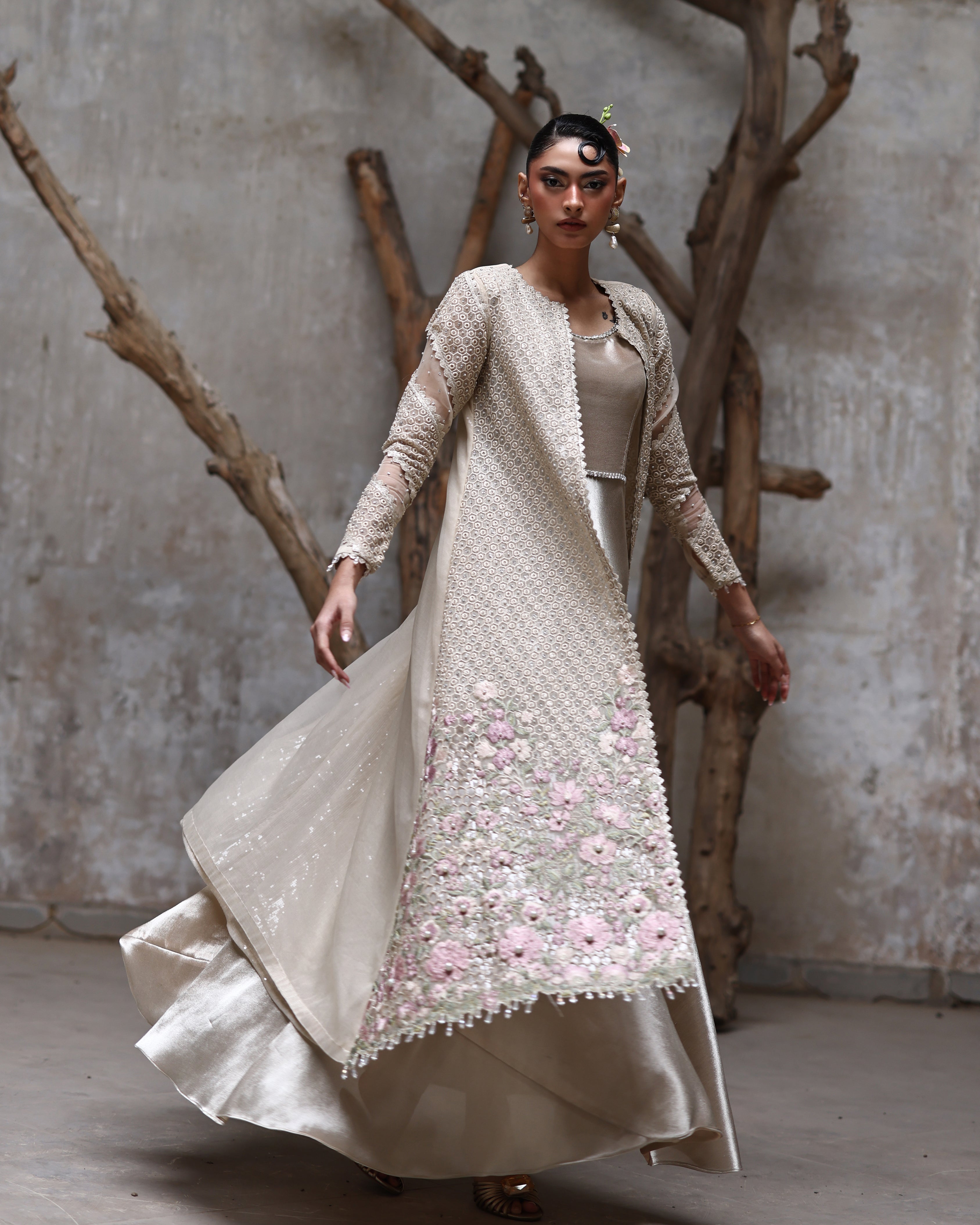 Unstitched Rose Ivory Jacket with Maxi Set