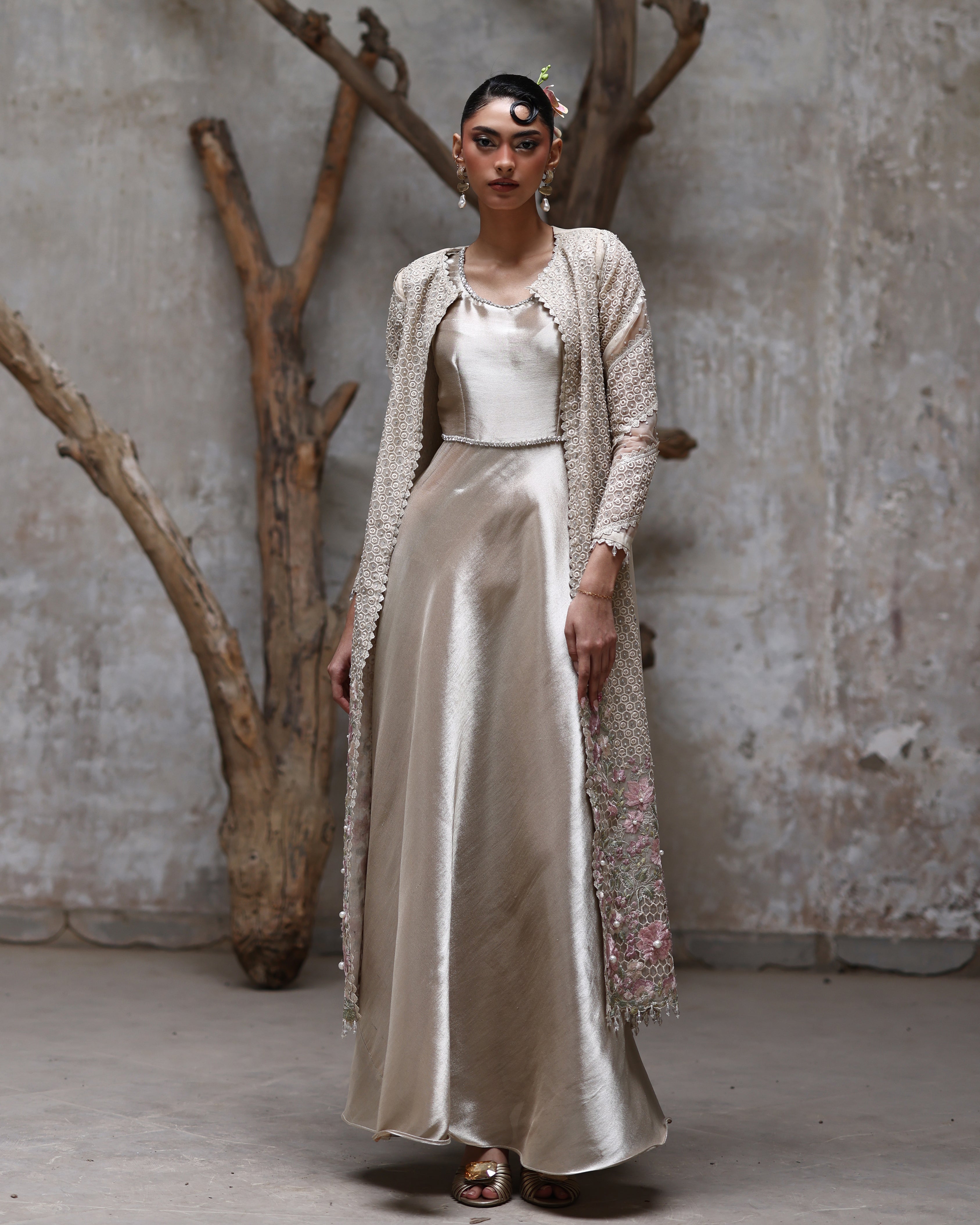 Unstitched Rose Ivory Jacket with Maxi Set