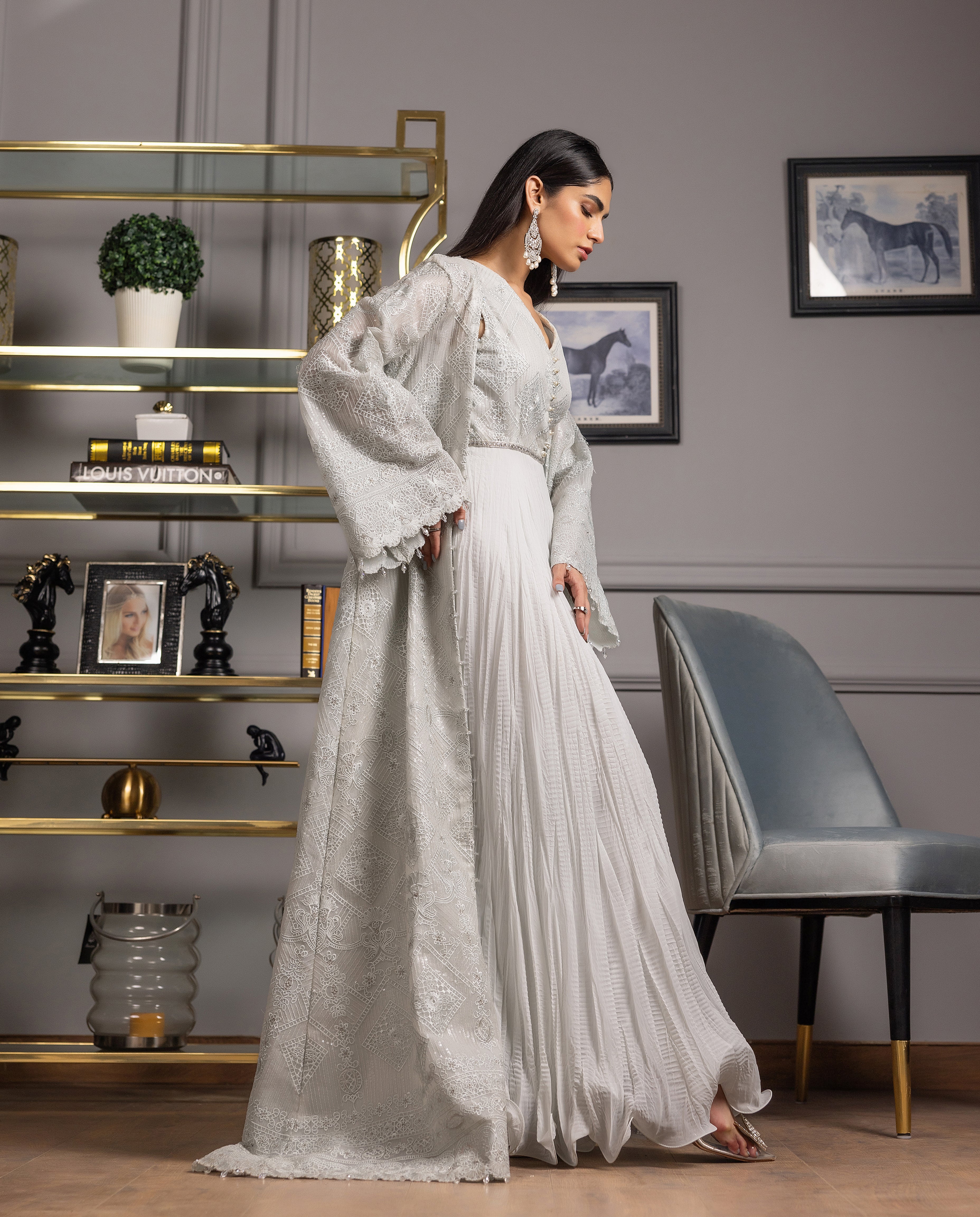 Organza Embroidered Jacket With Maxi