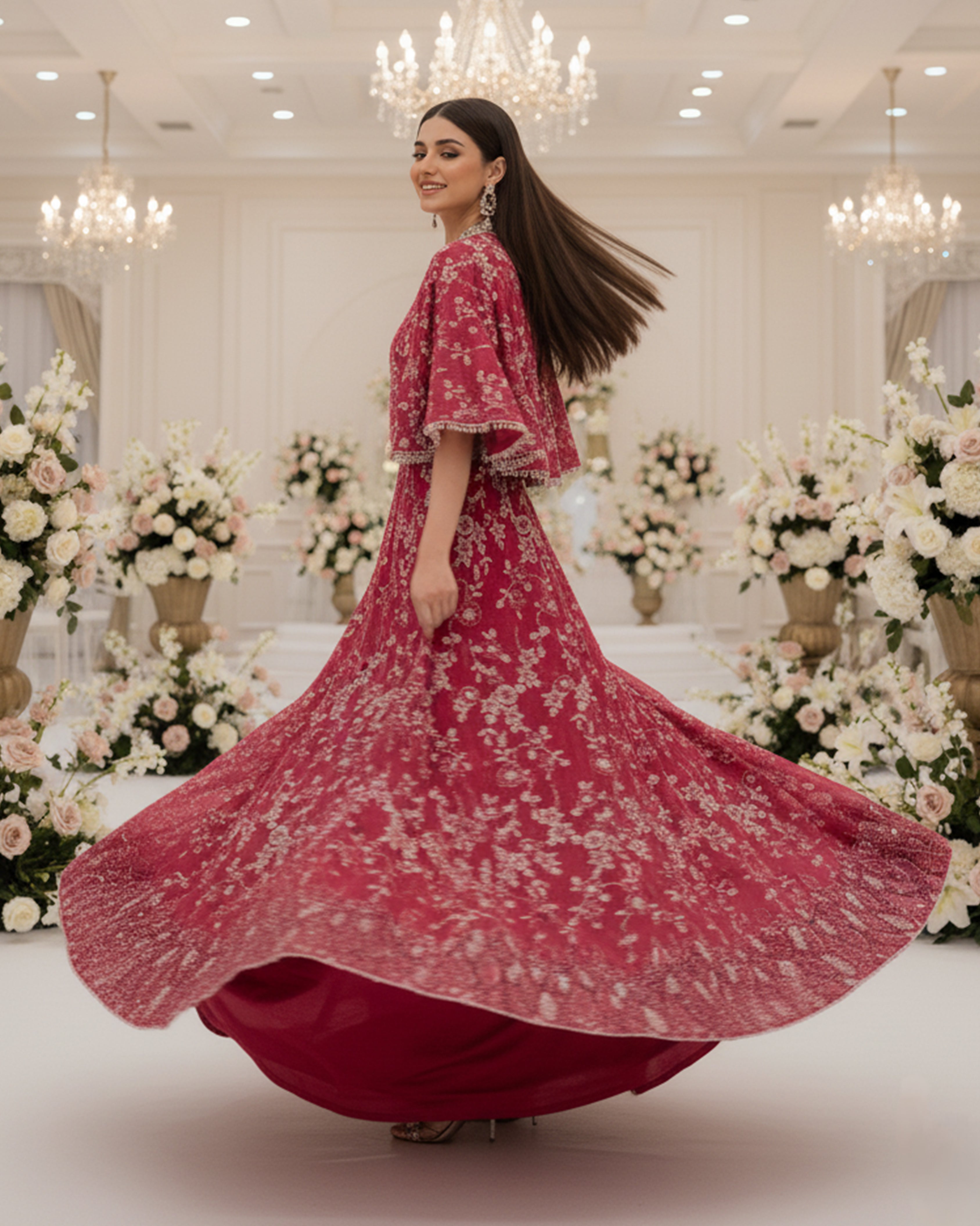 Ruby Rosette Cape Lehenga