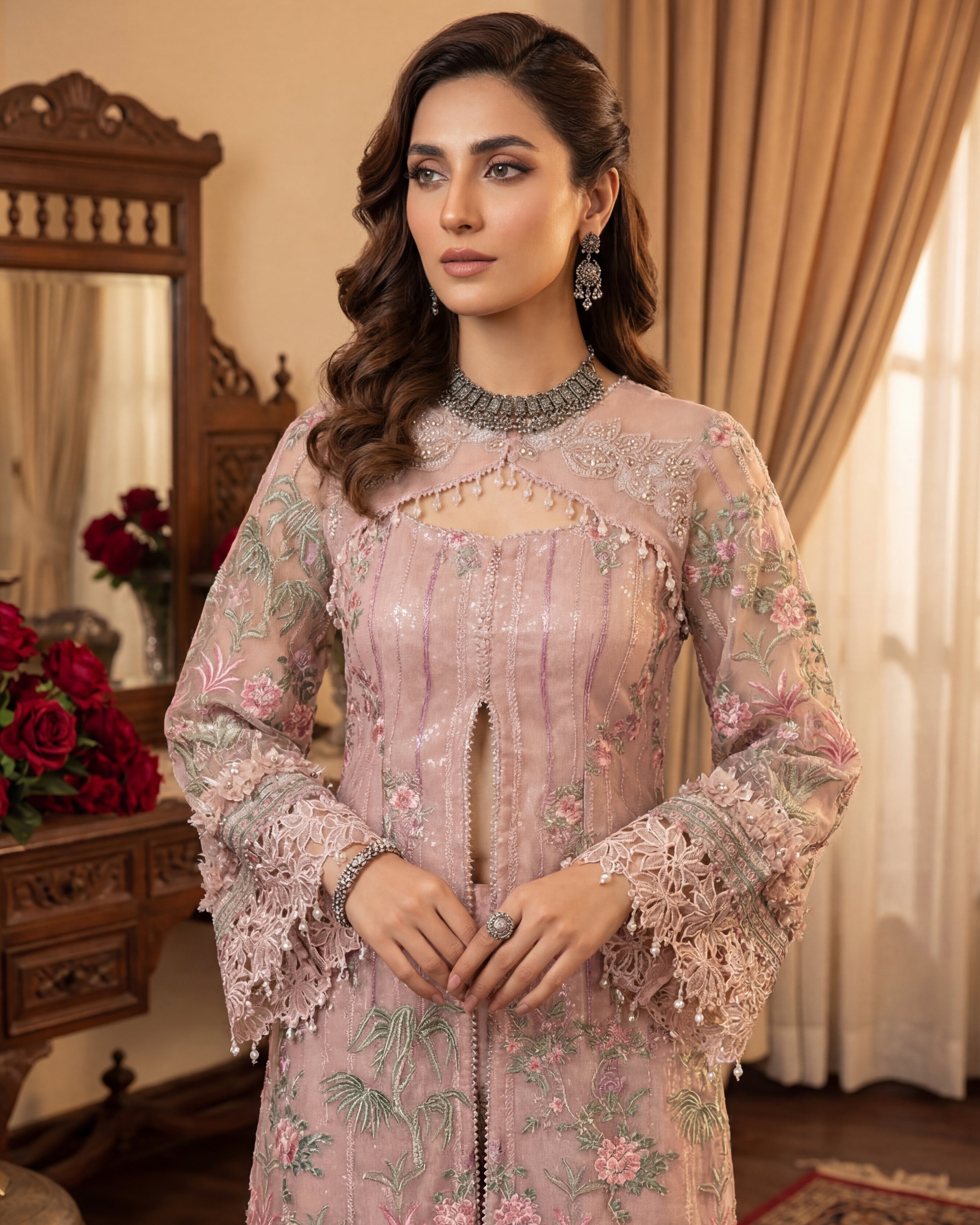 Unstitched Dusty Rose Festive Long Front Open Set