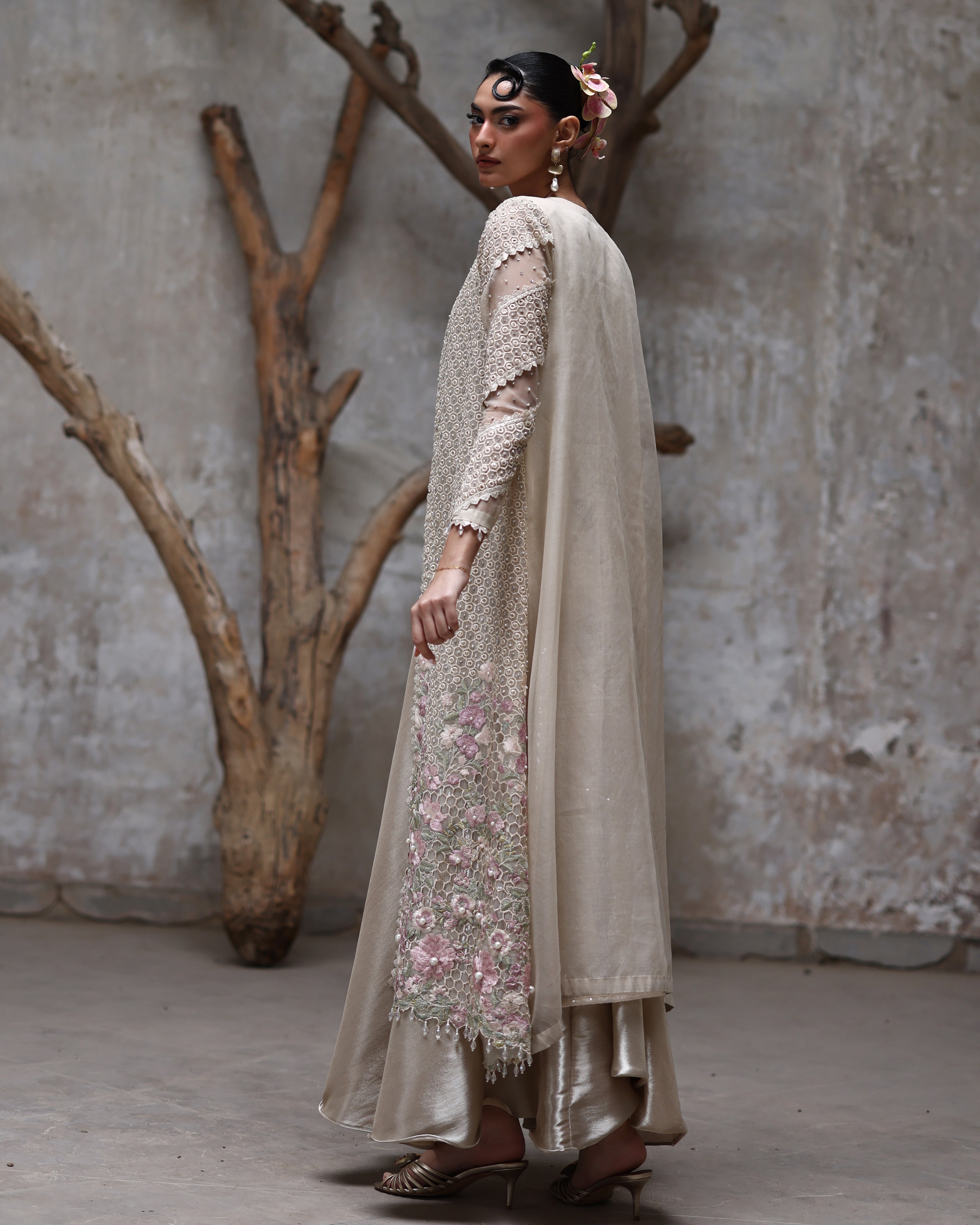 Unstitched Rose Ivory Jacket with Maxi Set
