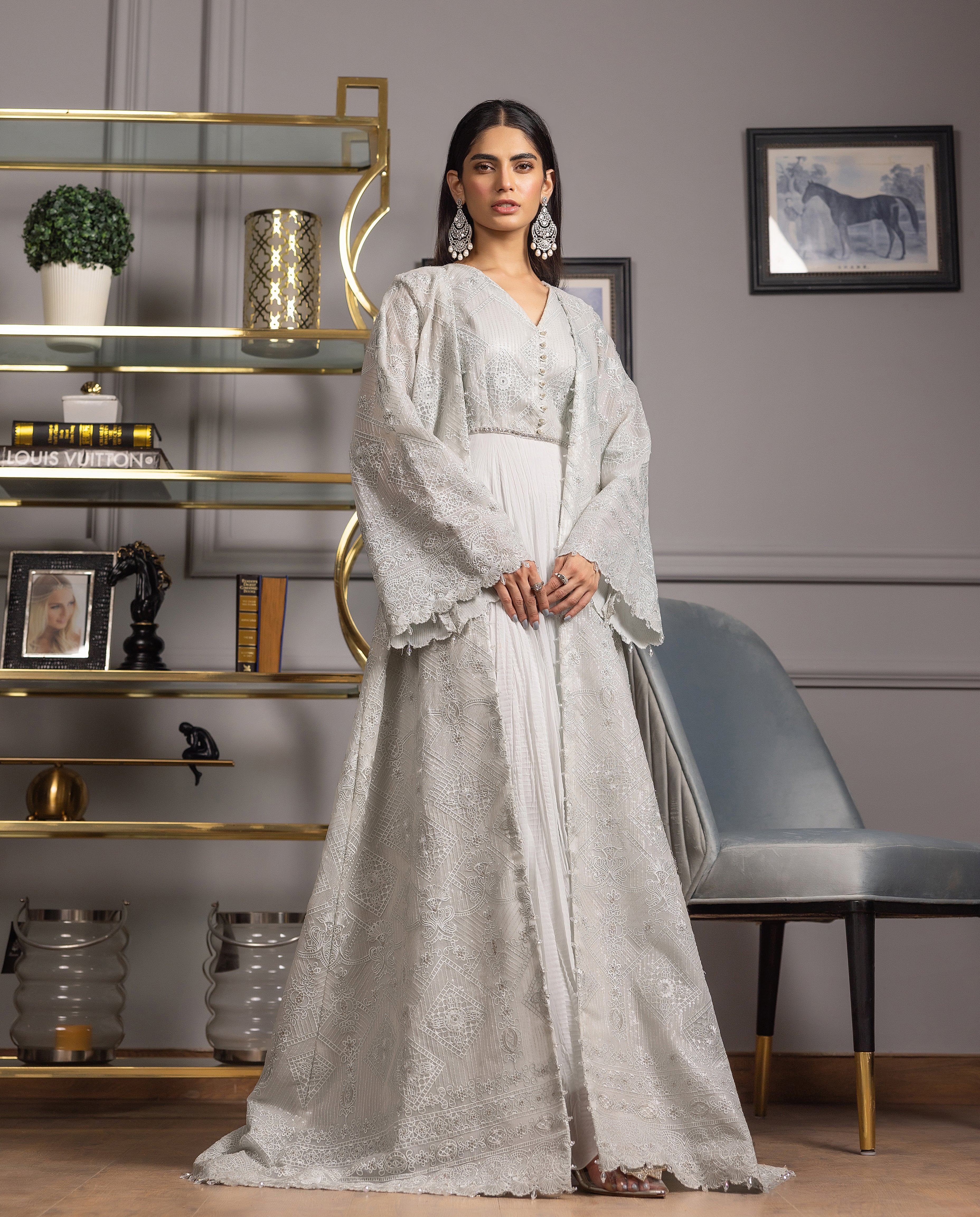Organza Embroidered Jacket With Maxi