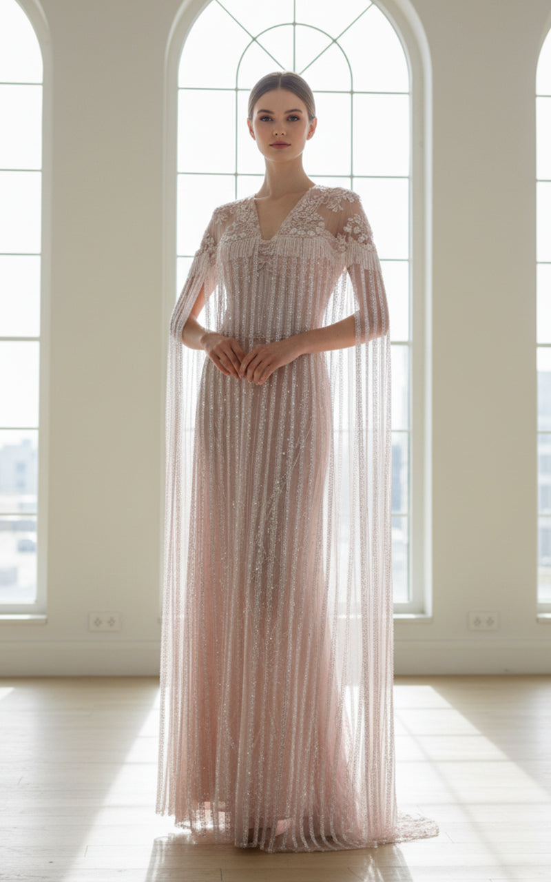 Net Embroidered Dress With Cape