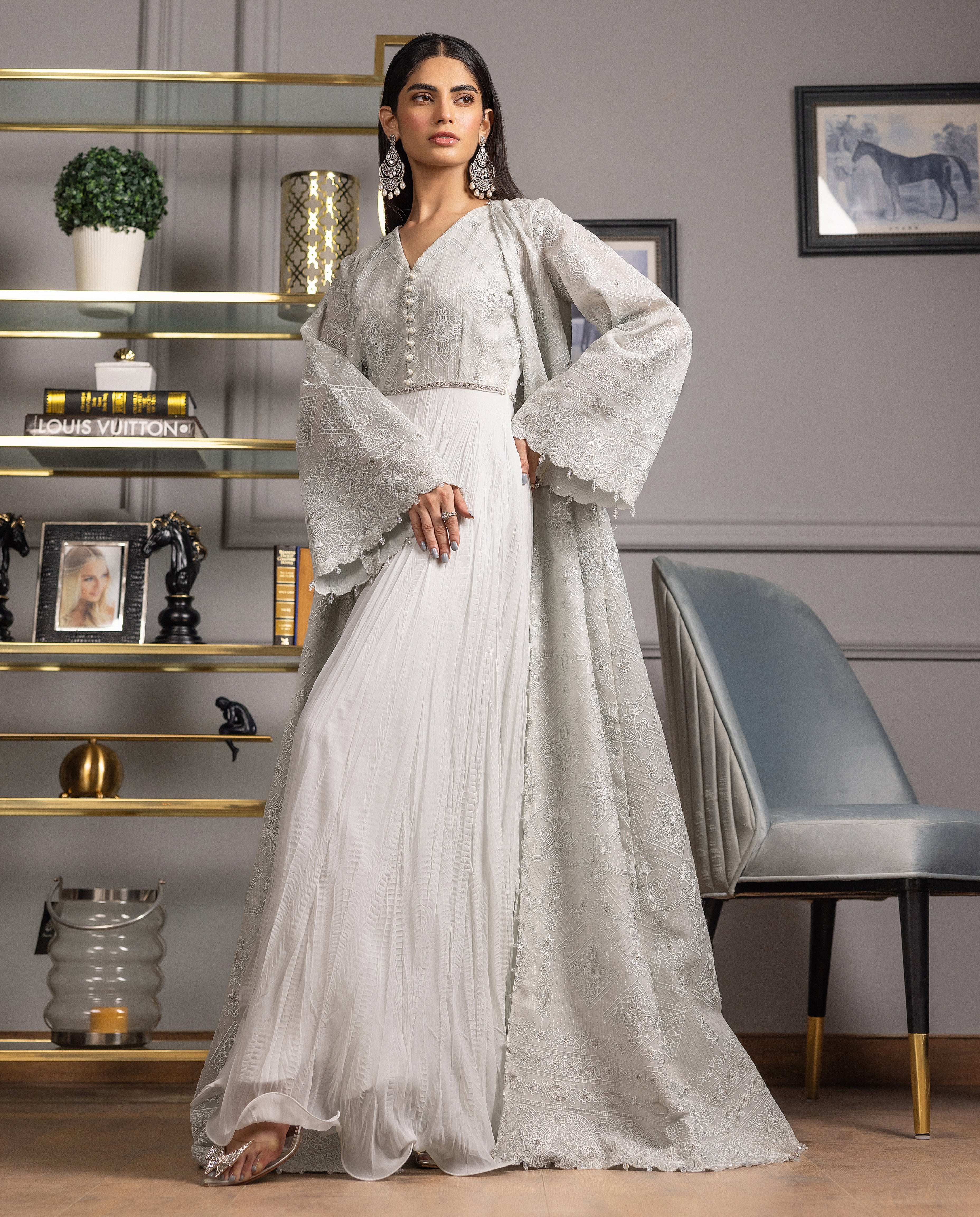 Organza Embroidered Jacket With Maxi