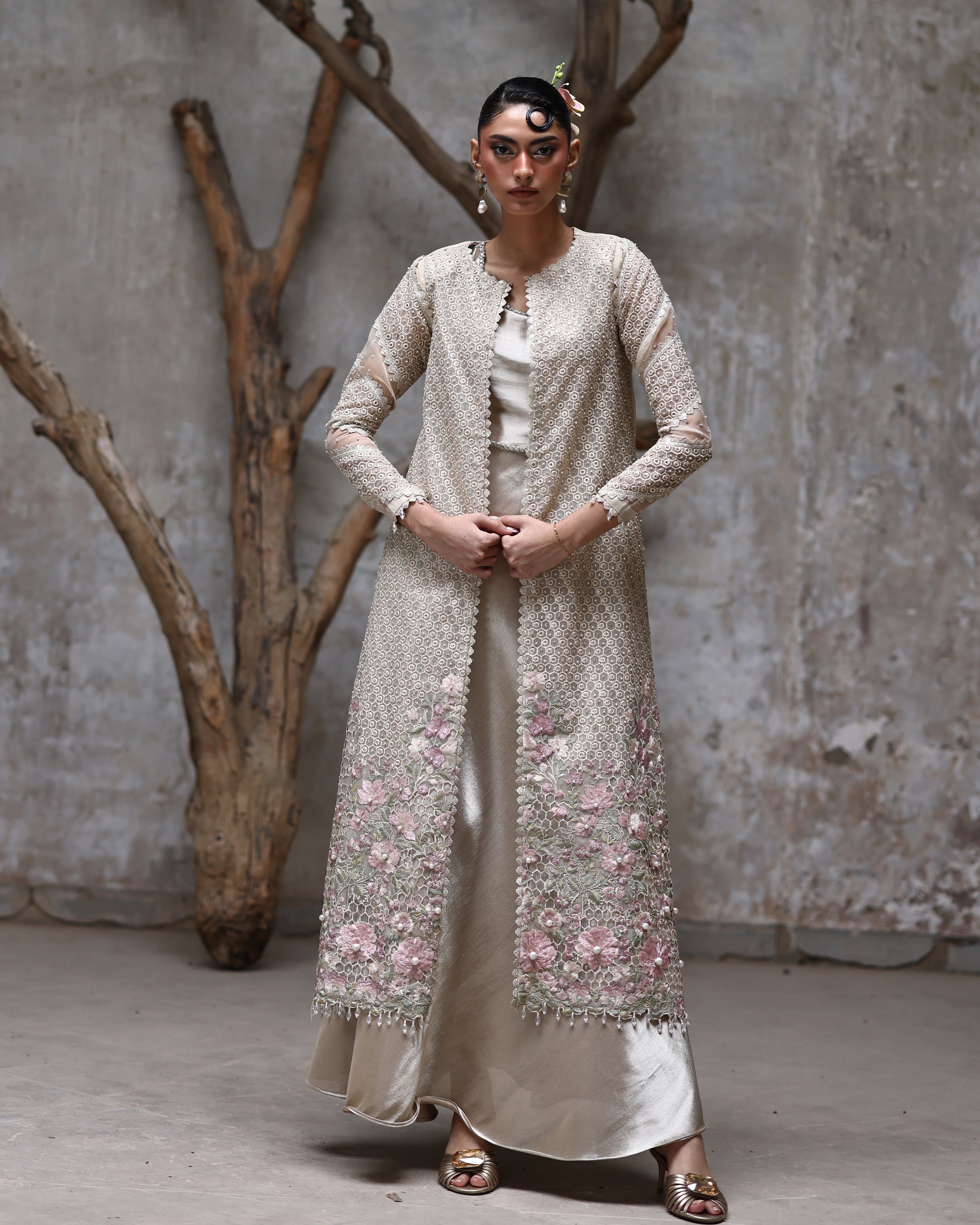 Unstitched Rose Ivory Jacket with Maxi Set