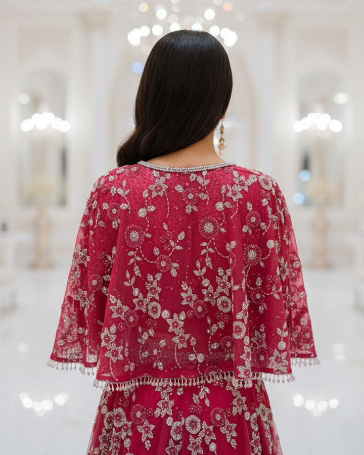 Ruby Rosette Cape Lehenga
