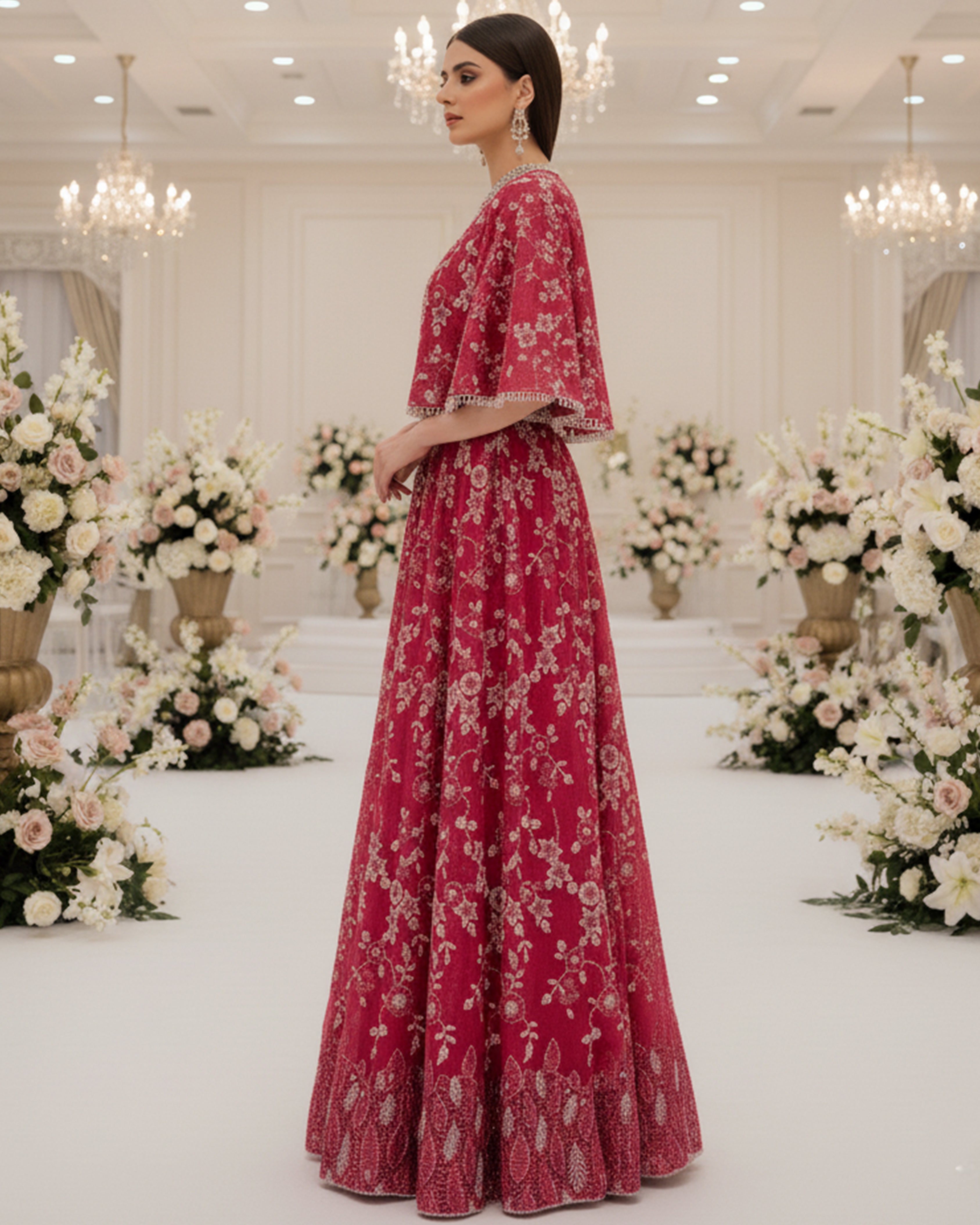 Ruby Rosette Cape Lehenga