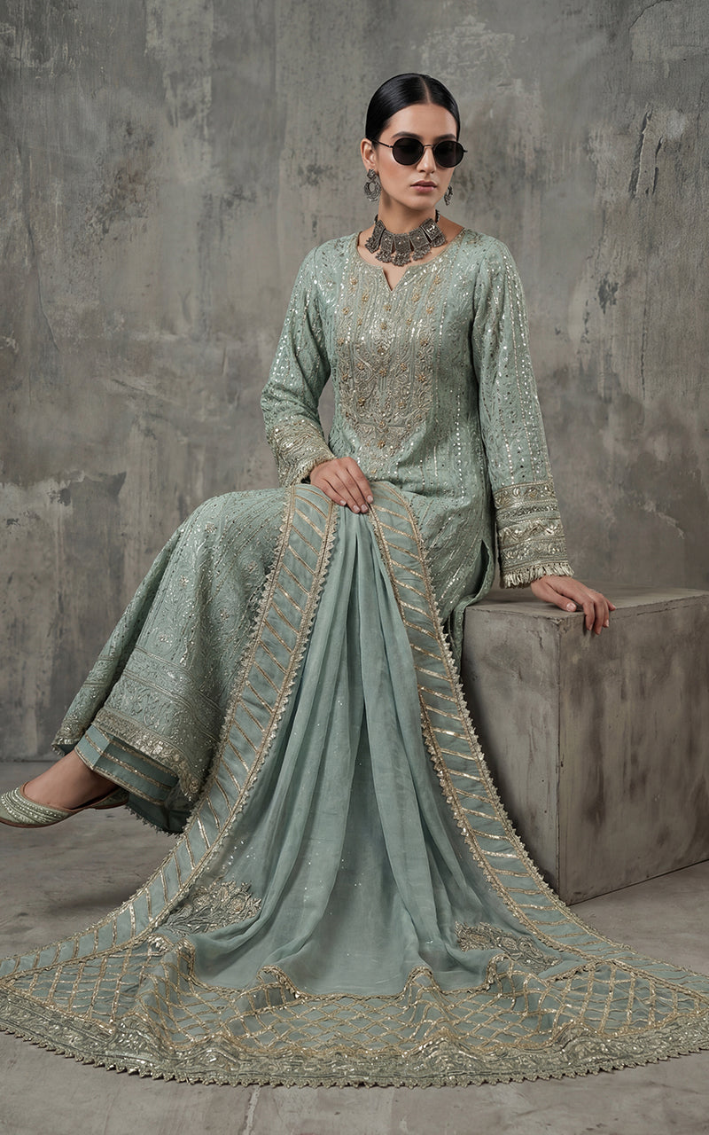 Embroidered Dress With Trouser And Dupatta