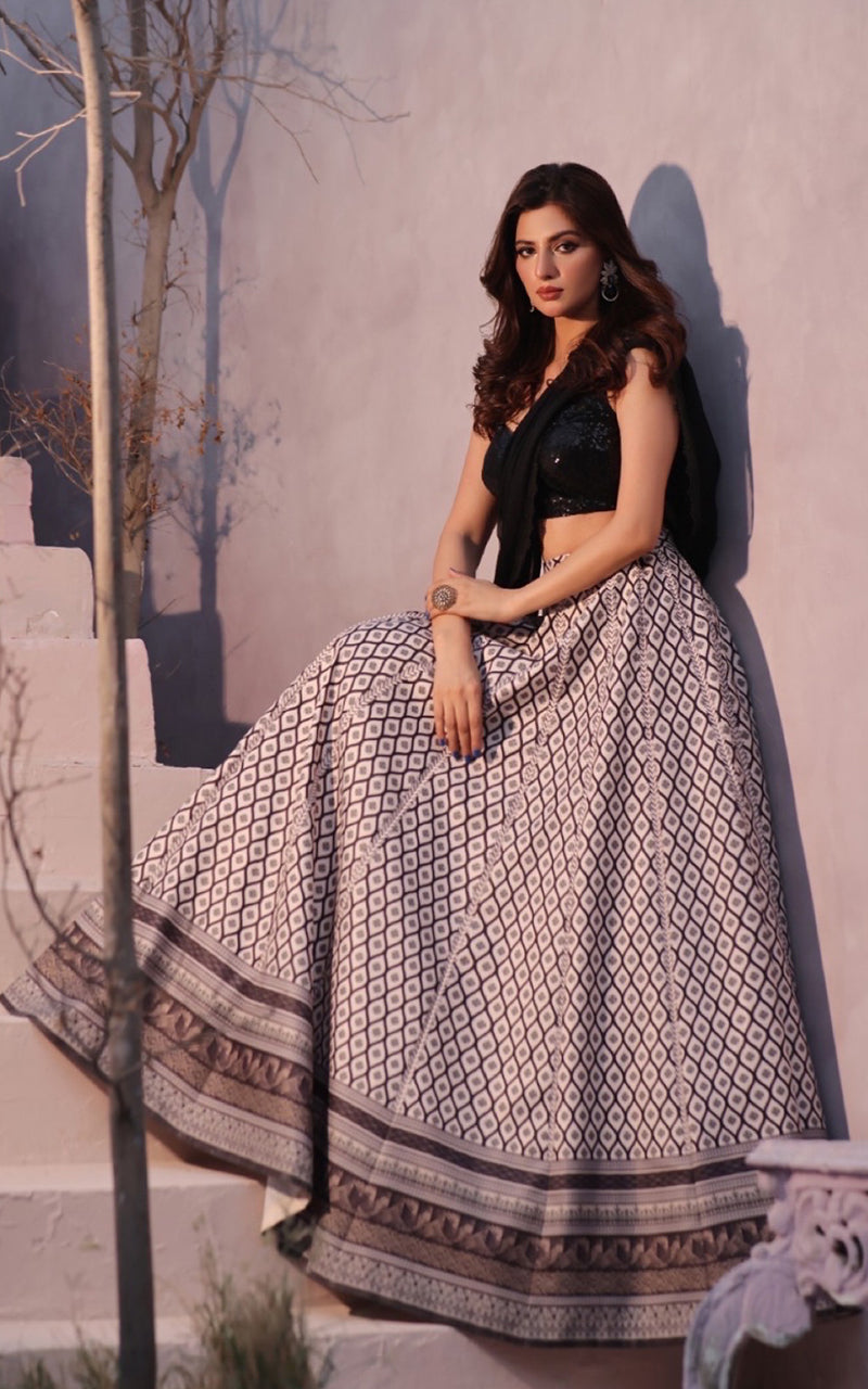 Sequins Blouse With Printed Lehenga And Dupatta
