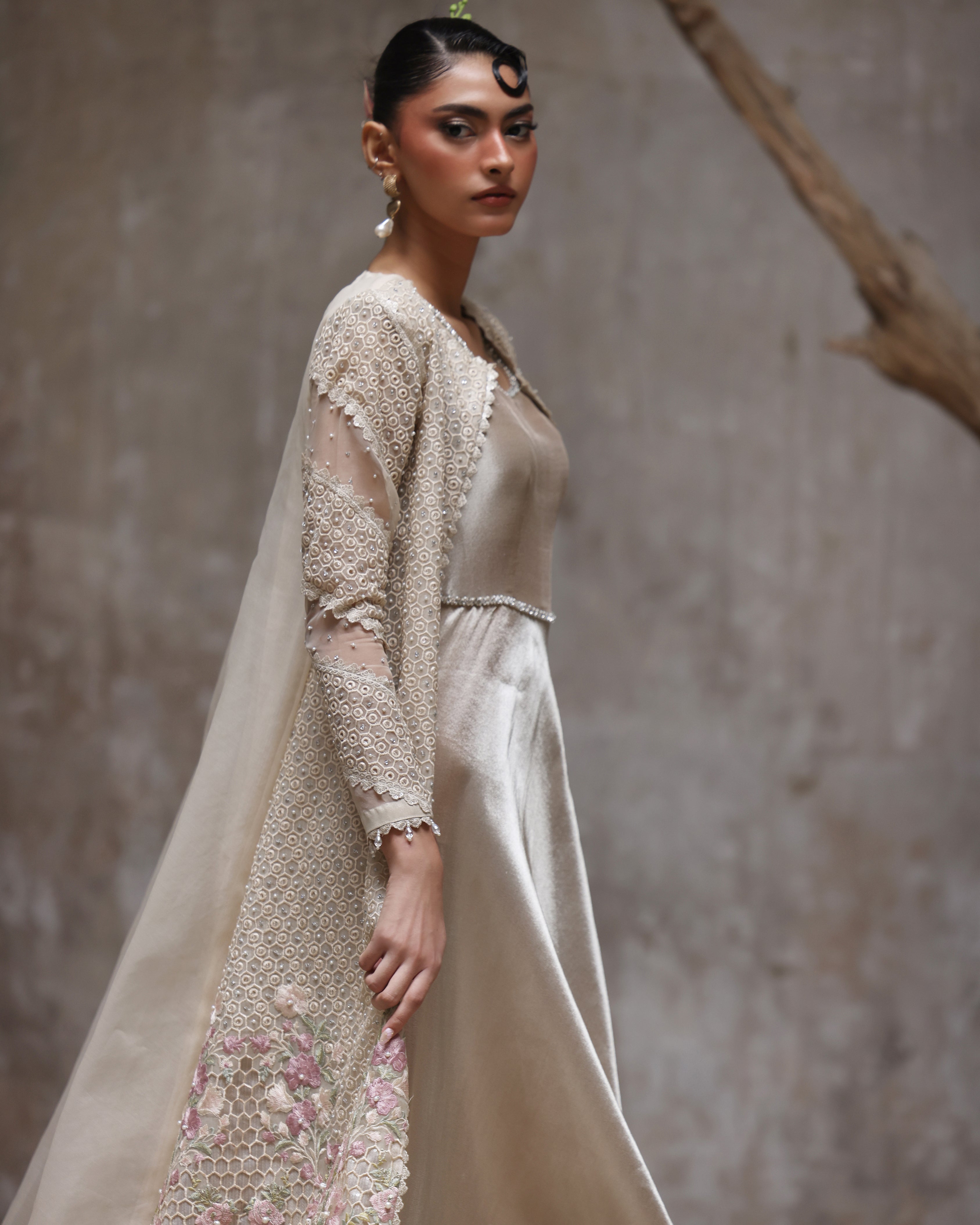 Unstitched Rose Ivory Jacket with Maxi Set