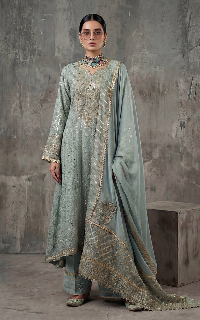 Embroidered Dress With Trouser And Dupatta