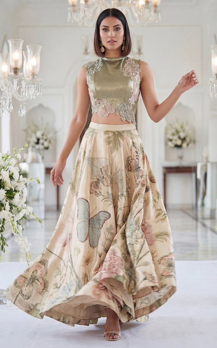 Unstitched Embroidered Blouse With Printed Skirt