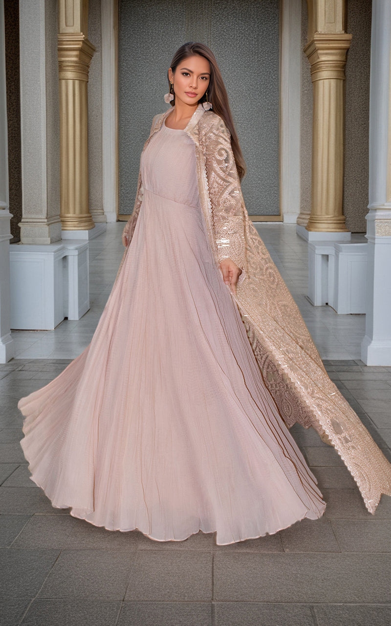 Organza Embroidered Jacket With Crushed Maxi