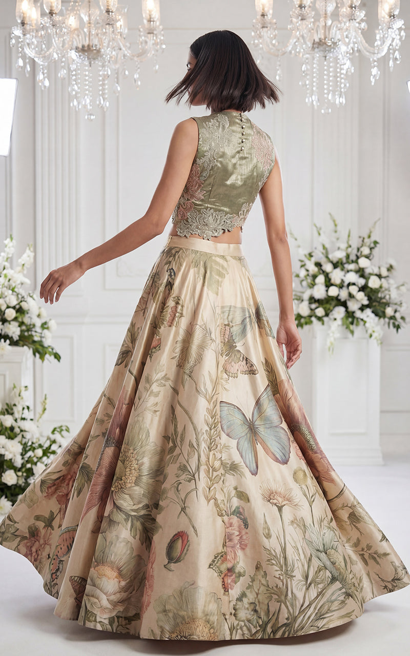 Unstitched Embroidered Blouse With Printed Skirt