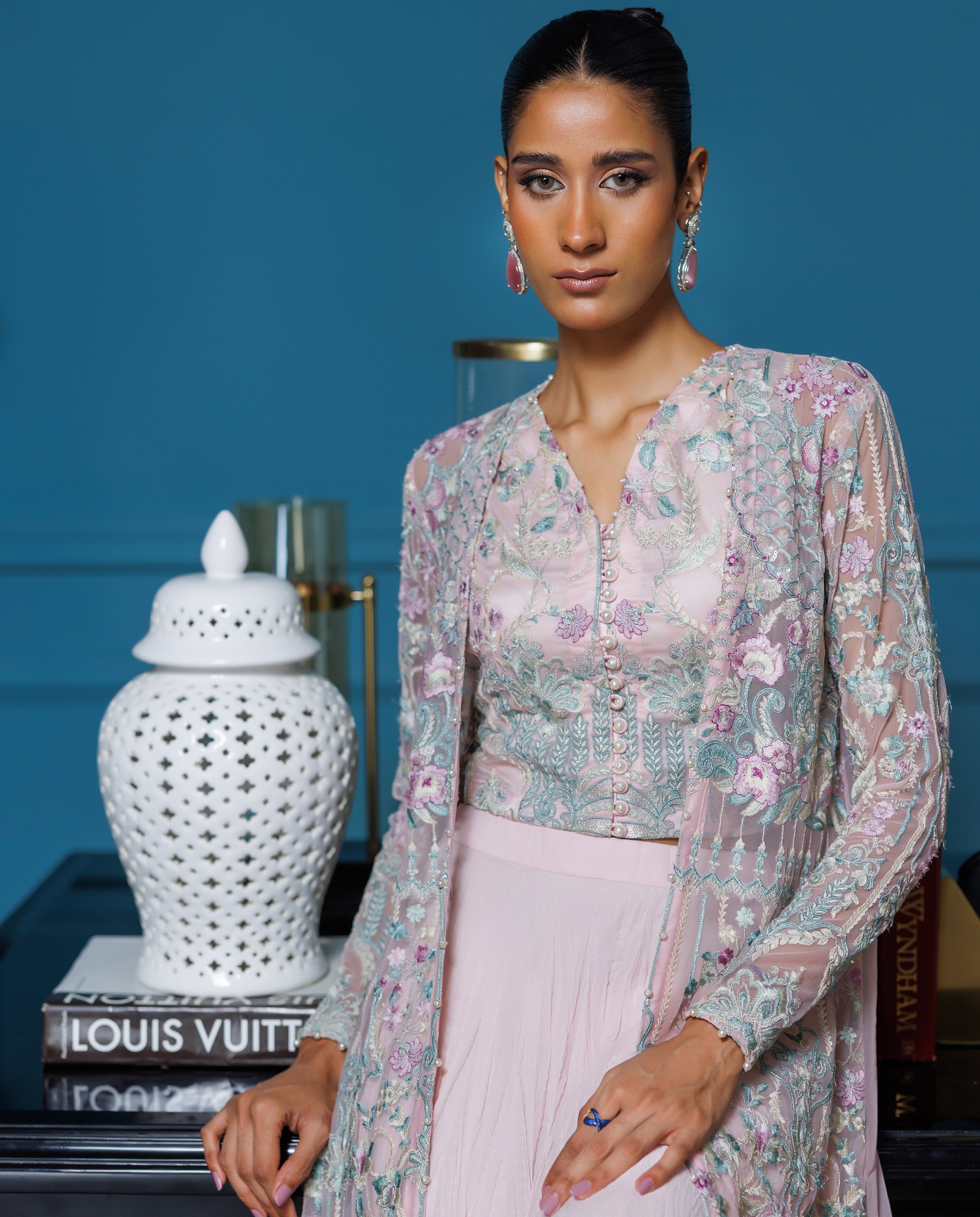 Unstitched Embroidered Jacket With Blouse And Skirt