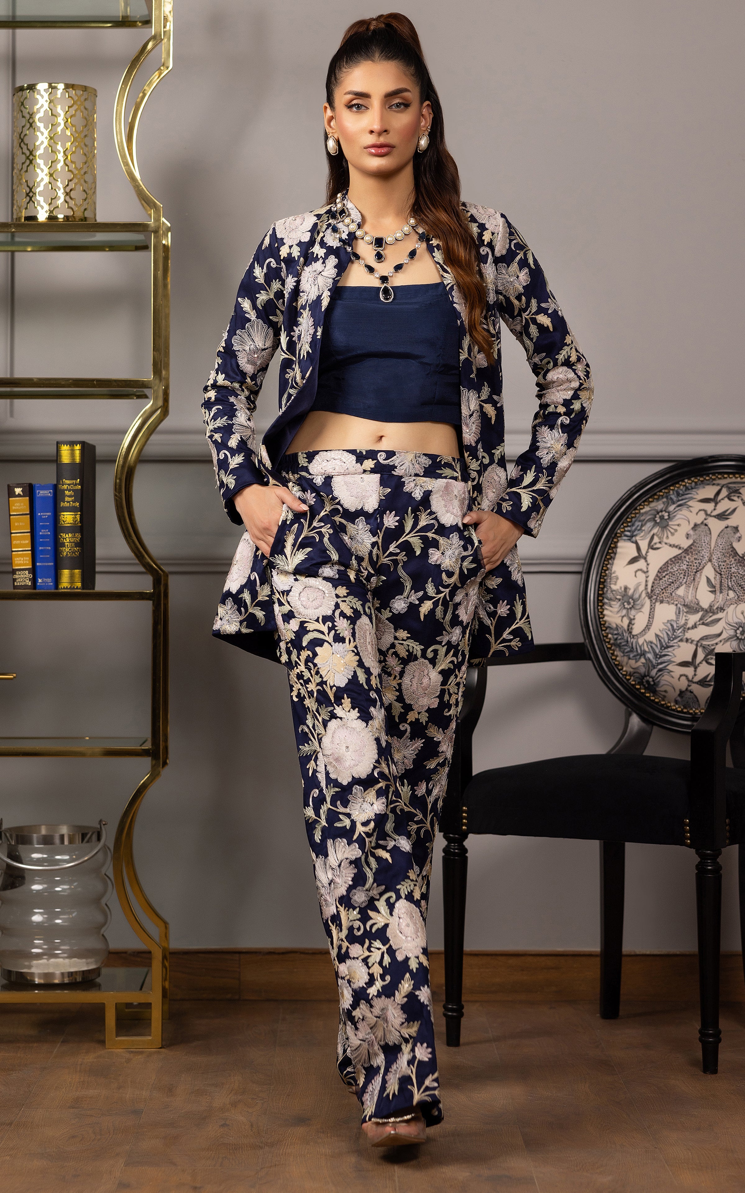 Net Embroidered Jacket With Trouser