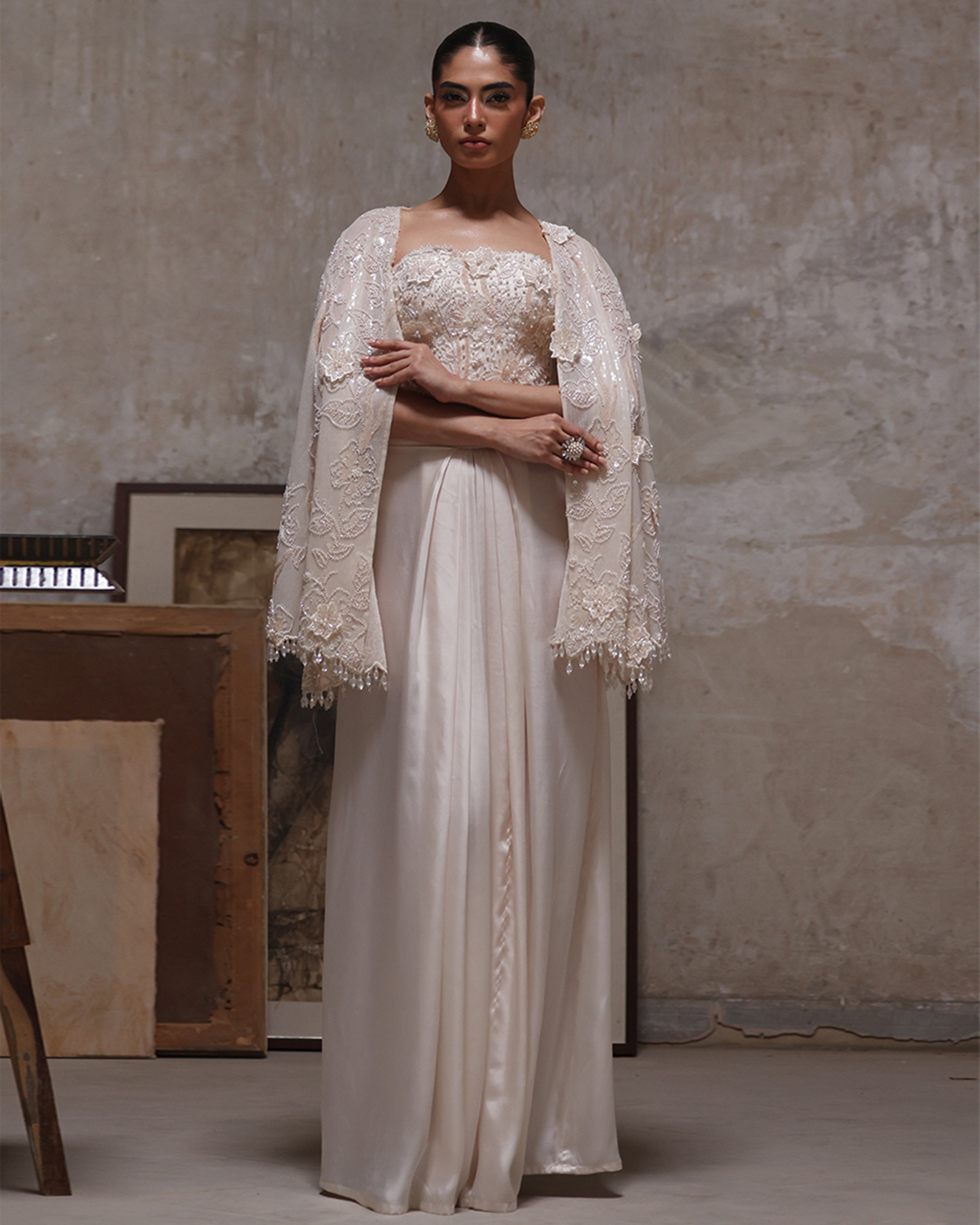 Net Embroidered Jacket With Blouse And Skirt