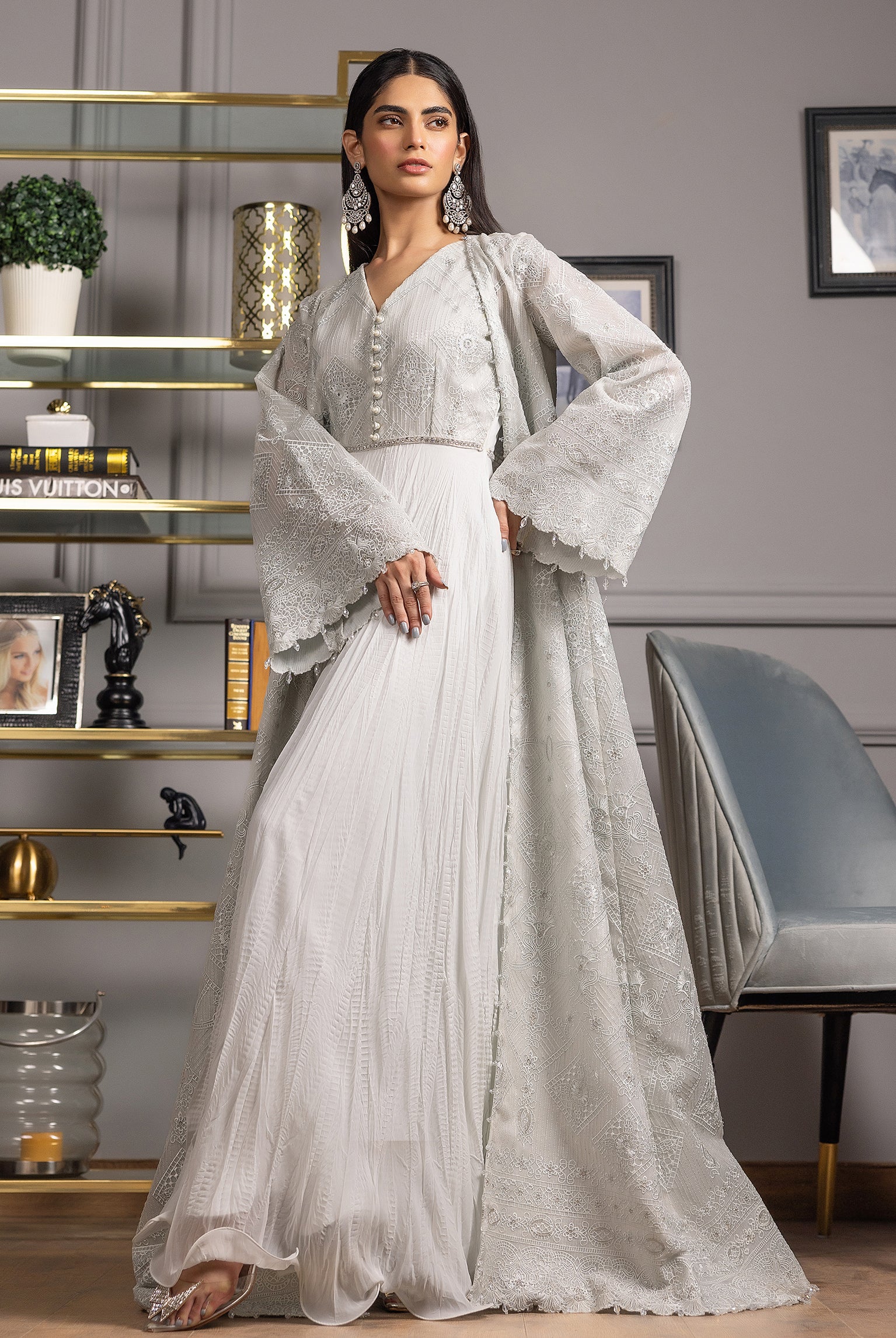 Unstitched Organza Embroidered Jacket With Maxi