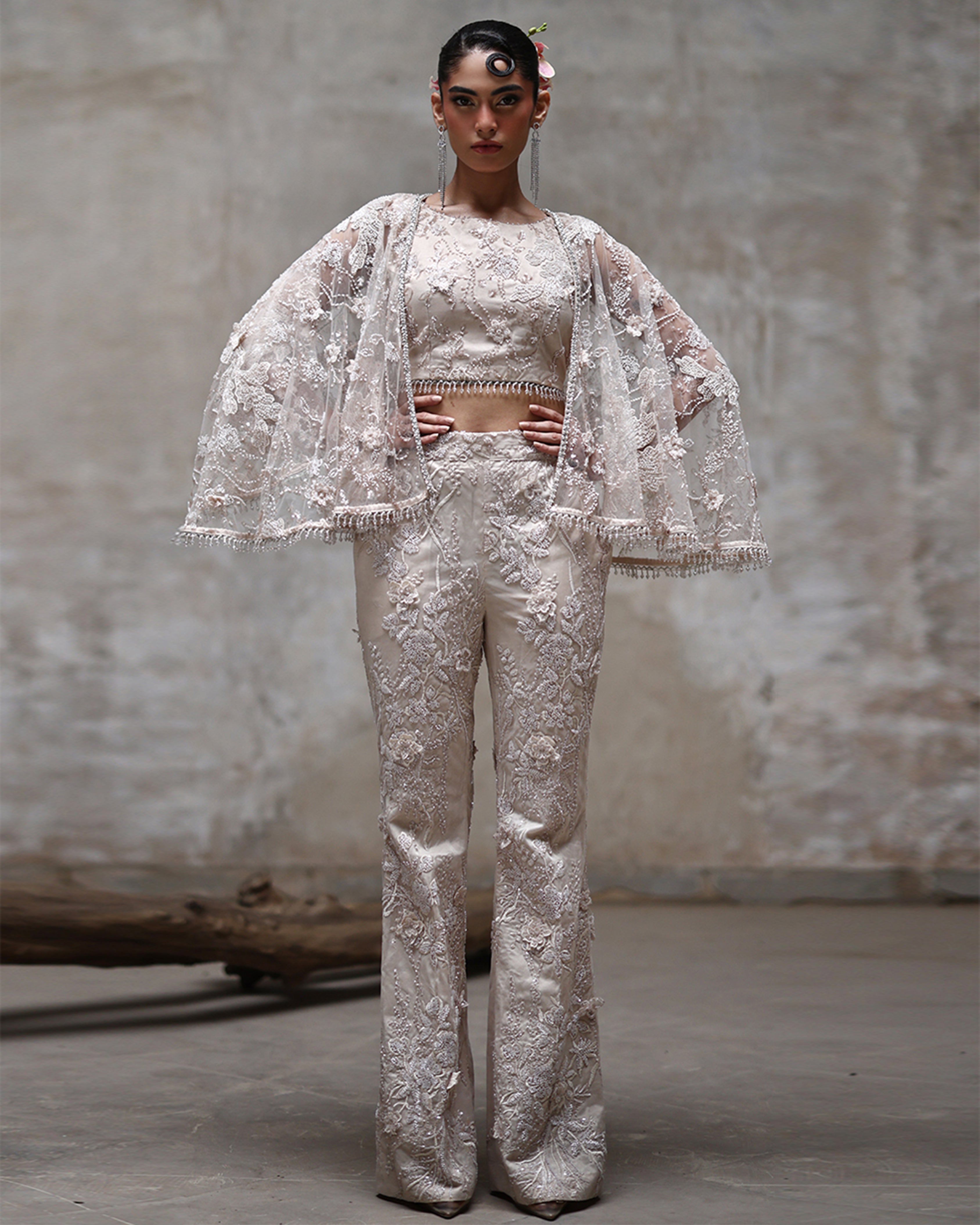 Net Embroidered Blouse With Cape And Trouser