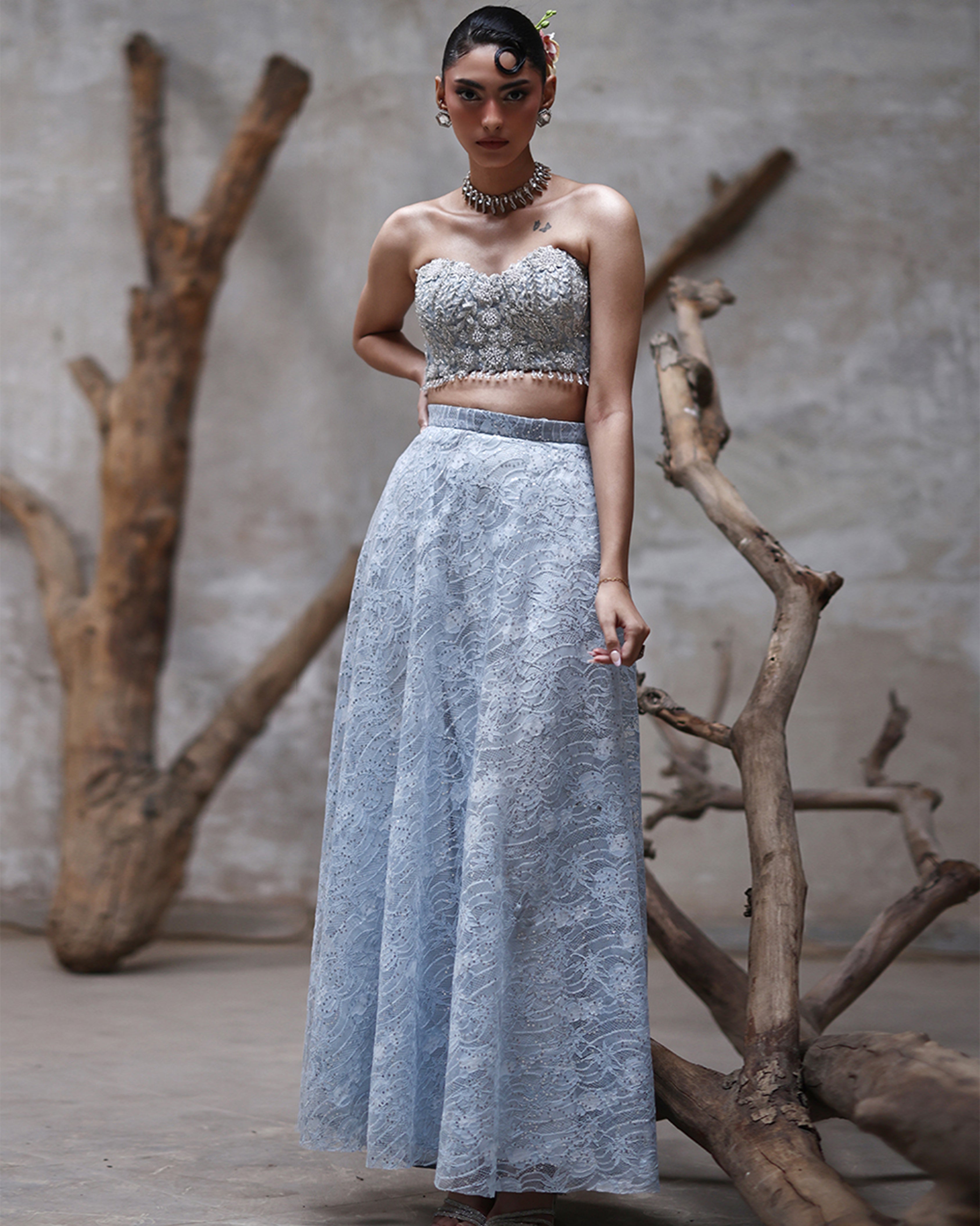 Net Embroidered Blouse With Skirt