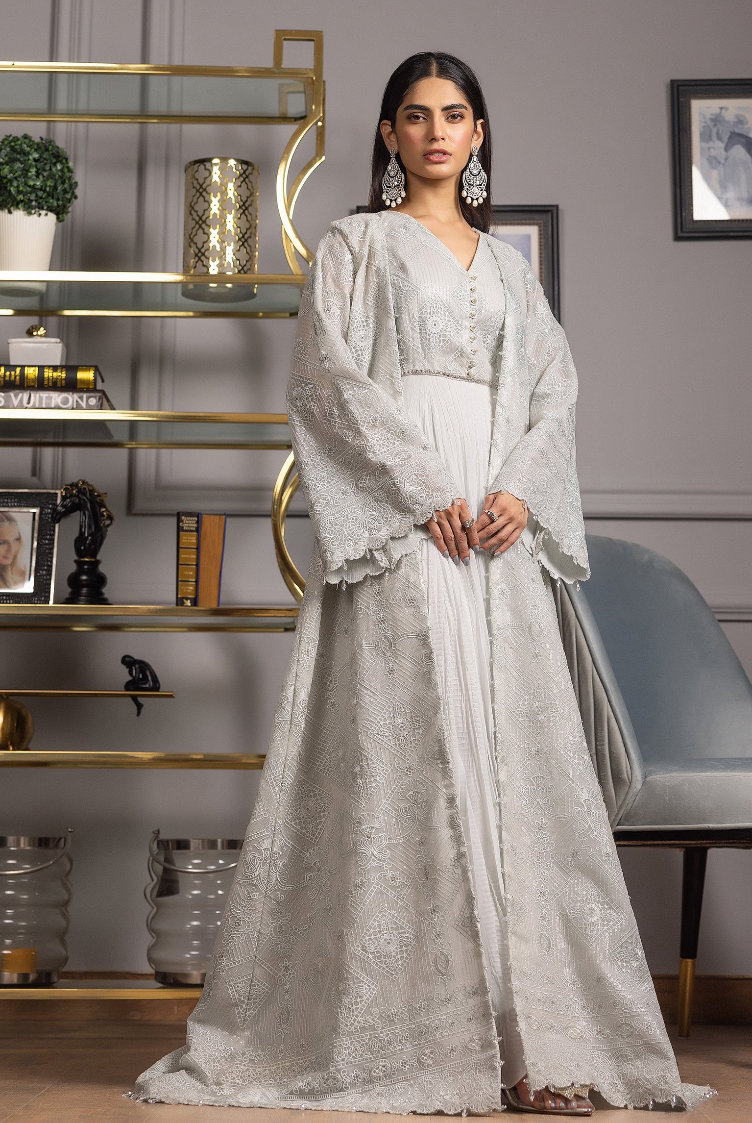 Unstitched Organza Embroidered Jacket With Maxi
