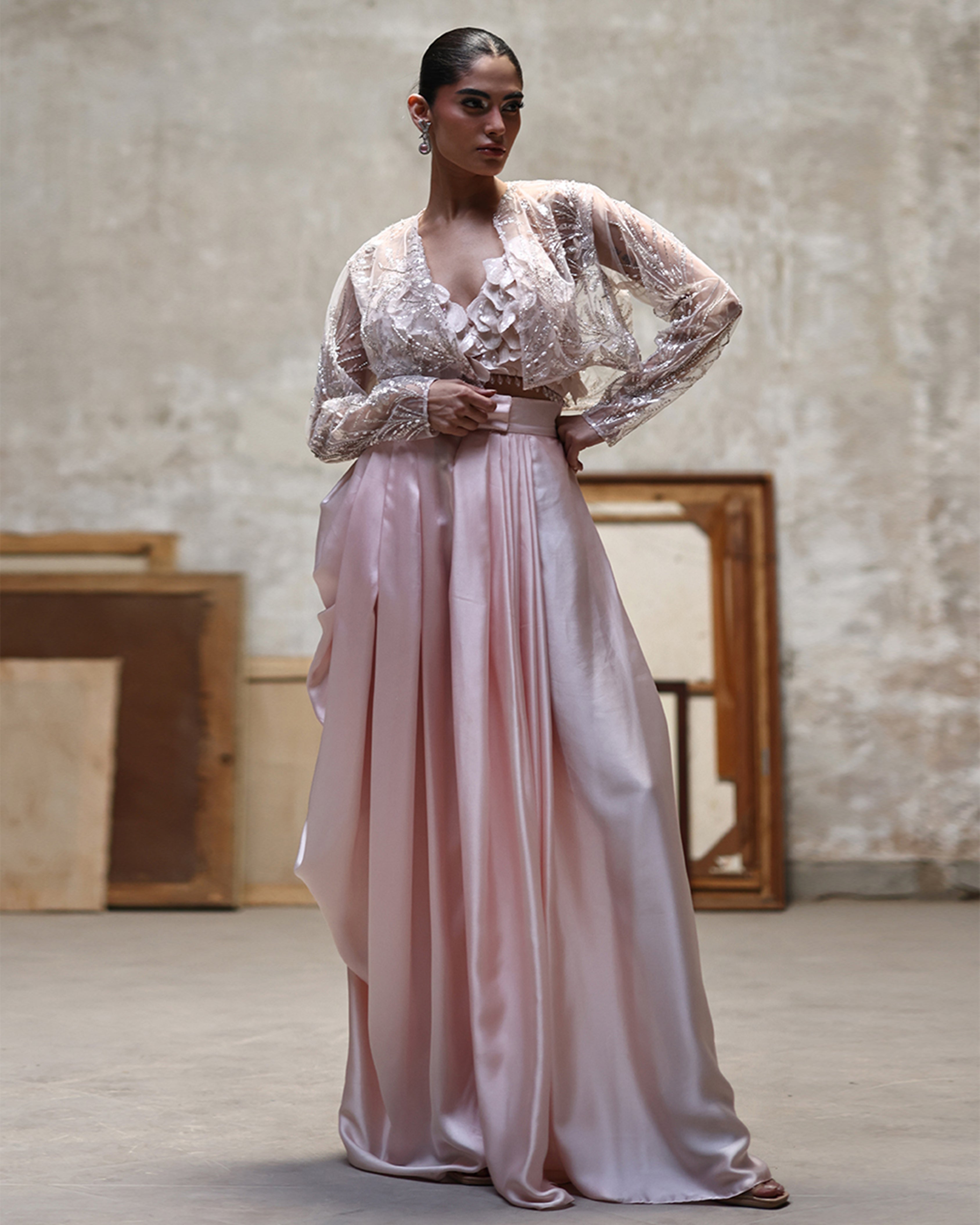 Net Embroidered Jacket With Blouse And Skirt