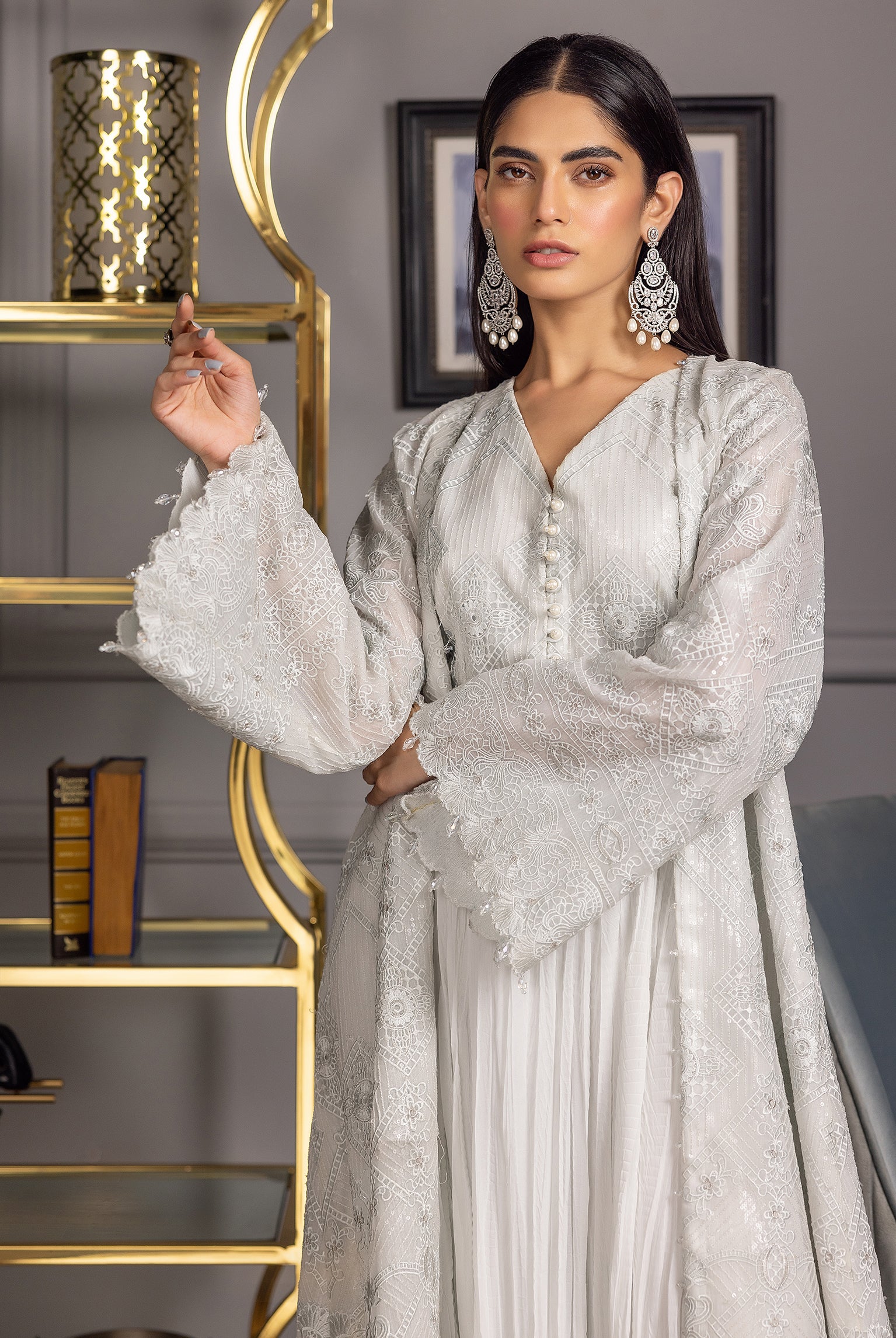 Organza Embroidered Jacket With Maxi