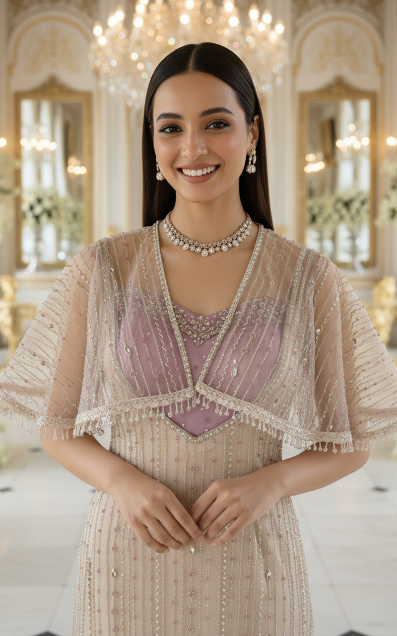 Net Embroidered Dress With Blouse And Cape