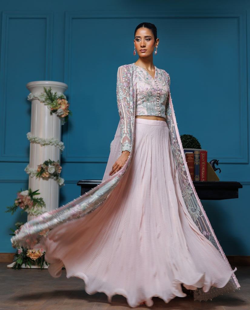 Unstitched Embroidered Jacket With Blouse And Skirt