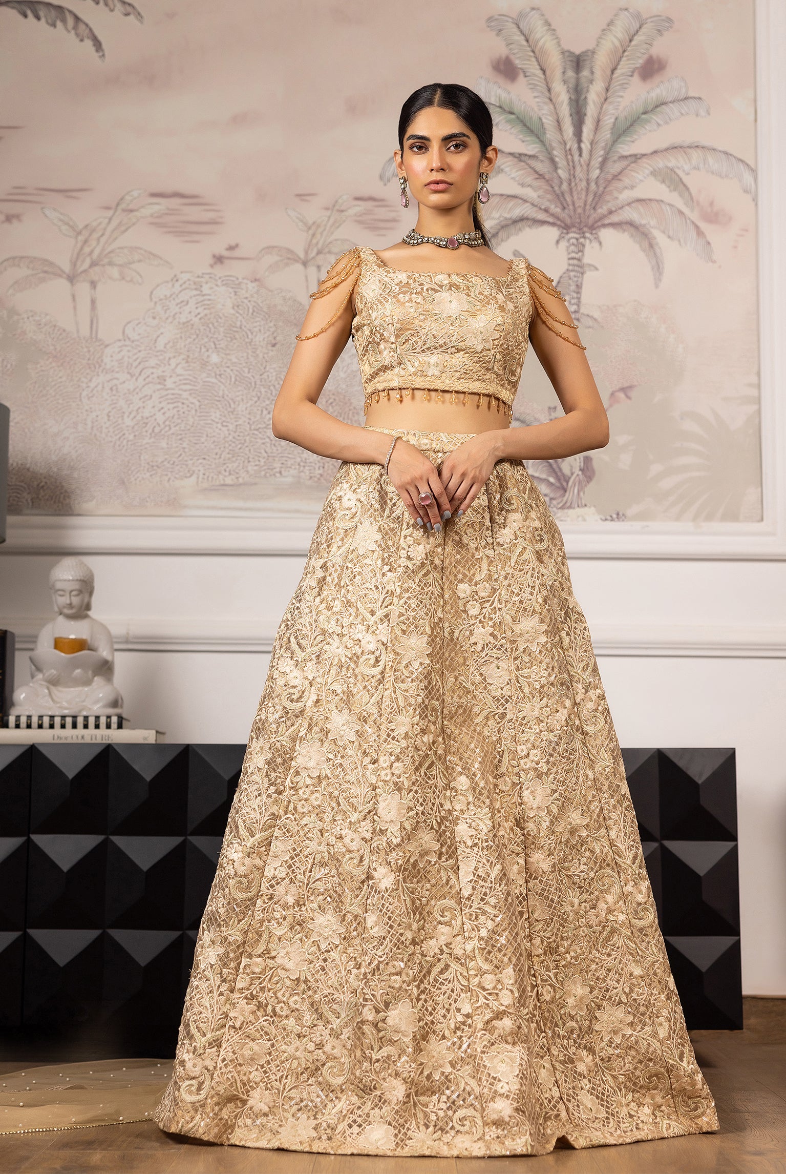Unstitched Embroidered Blouse And Lehenga