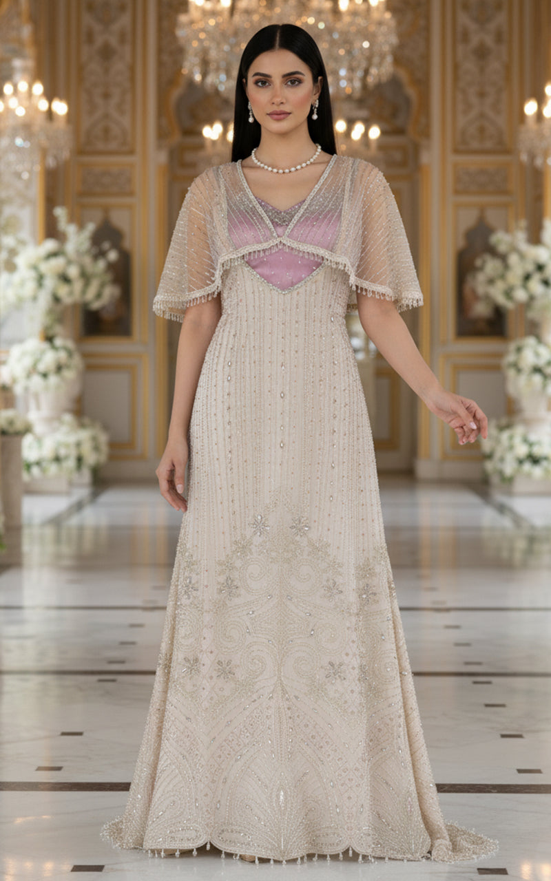 Net Embroidered Dress With Blouse And Cape