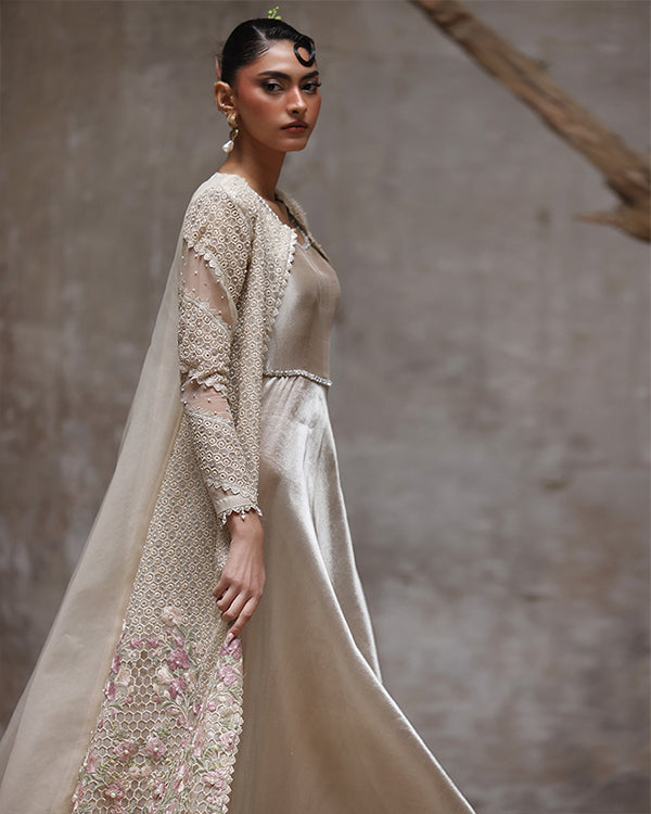 Organza Embroidered Jacket With Maxi